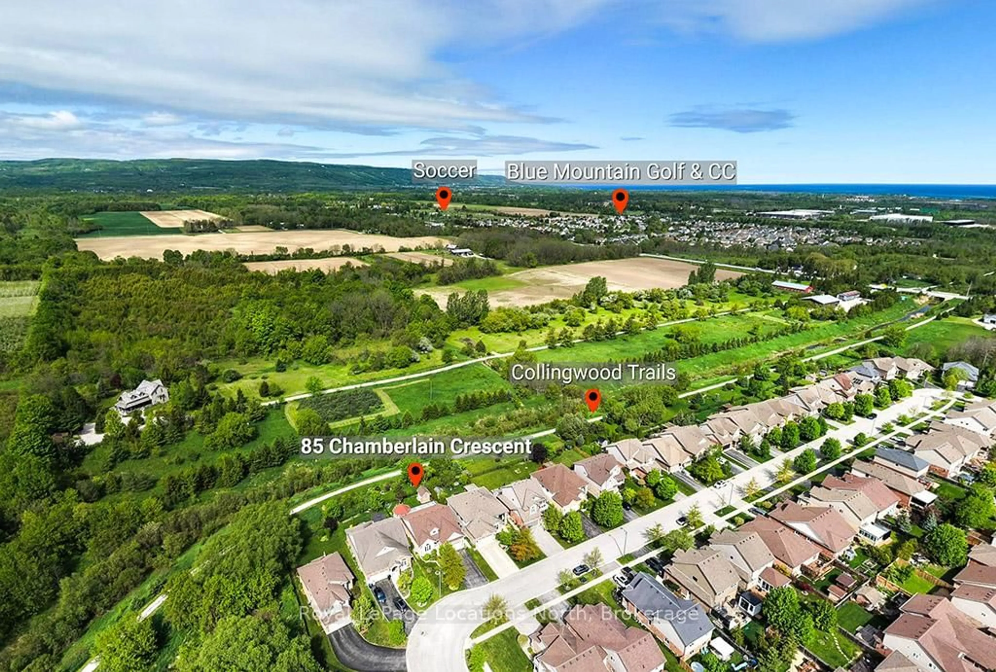 A pic from outside/outdoor area/front of a property/back of a property/a pic from drone, water/lake/river/ocean view for 85 Chamberlain Cres, Collingwood Ontario L9Y 0C8