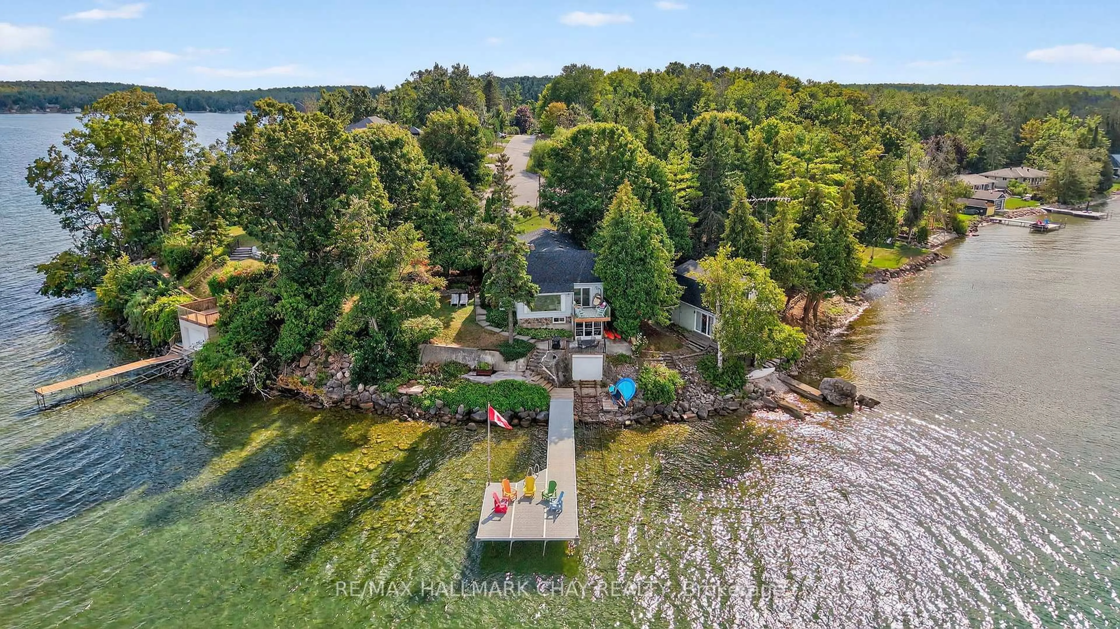 A pic from outside/outdoor area/front of a property/back of a property/a pic from drone, water/lake/river/ocean view for 43 Moon Point Rd, Oro-Medonte Ontario L3V 0R8