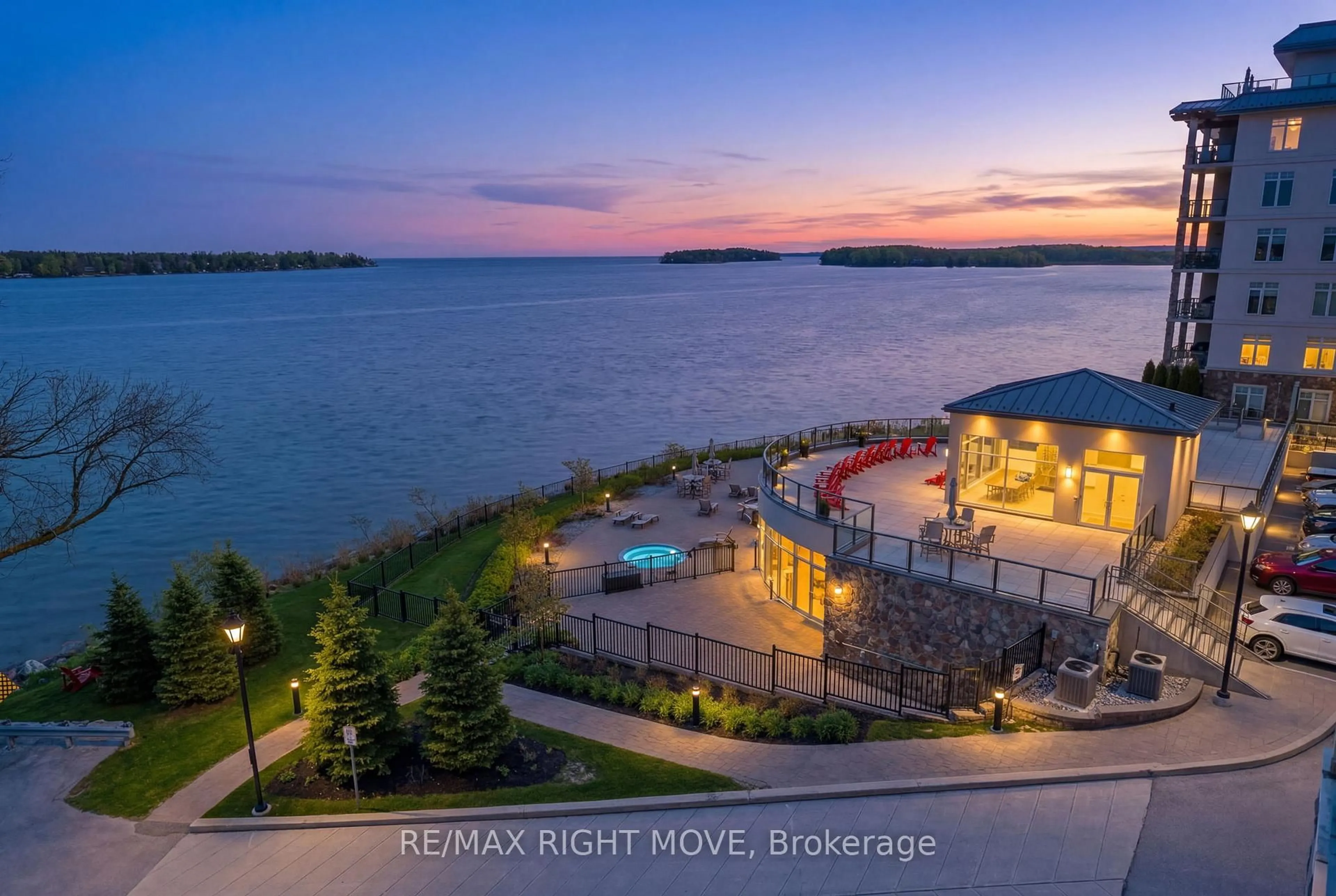 A pic from outside/outdoor area/front of a property/back of a property/a pic from drone, water/lake/river/ocean view for 80 Orchard Point Rd #402, Orillia Ontario L3V 1C6