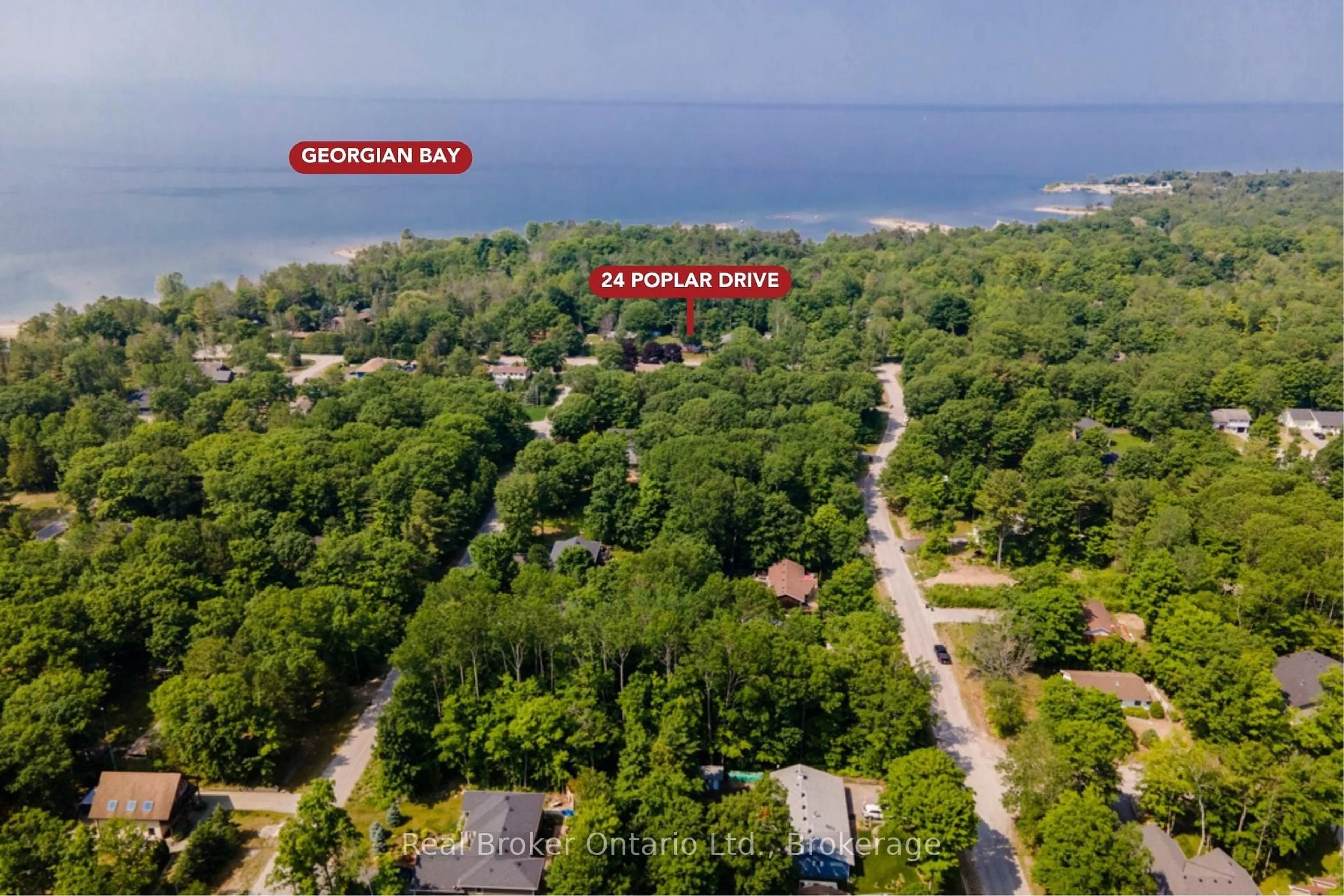 A pic from outside/outdoor area/front of a property/back of a property/a pic from drone, water/lake/river/ocean view for 24 Poplar Dr, Tiny Ontario L9M 0J2