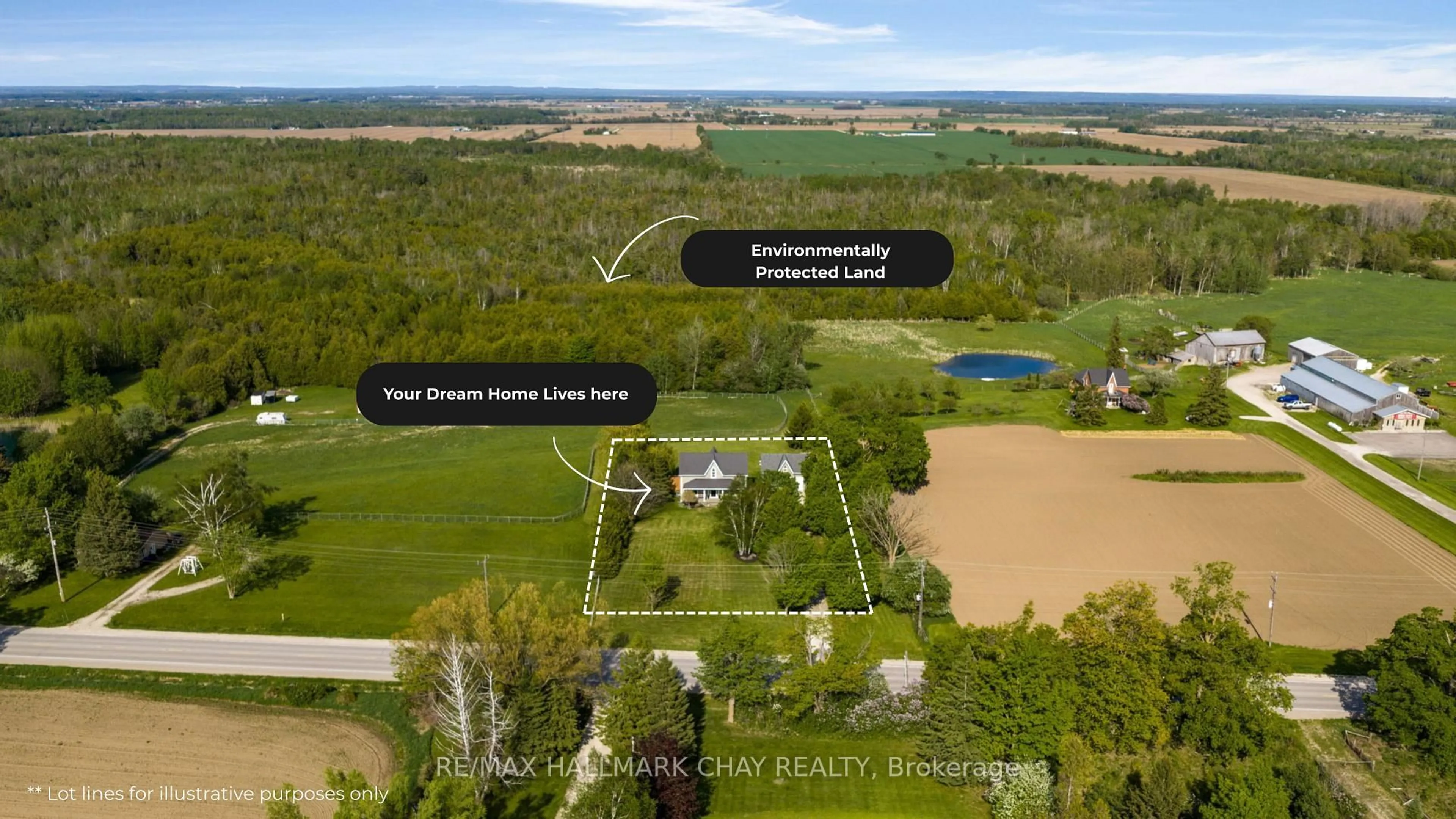 A pic from outside/outdoor area/front of a property/back of a property/a pic from drone, water/lake/river/ocean view for 1595 County 42 Rd, Clearview Ontario L0M 1S0