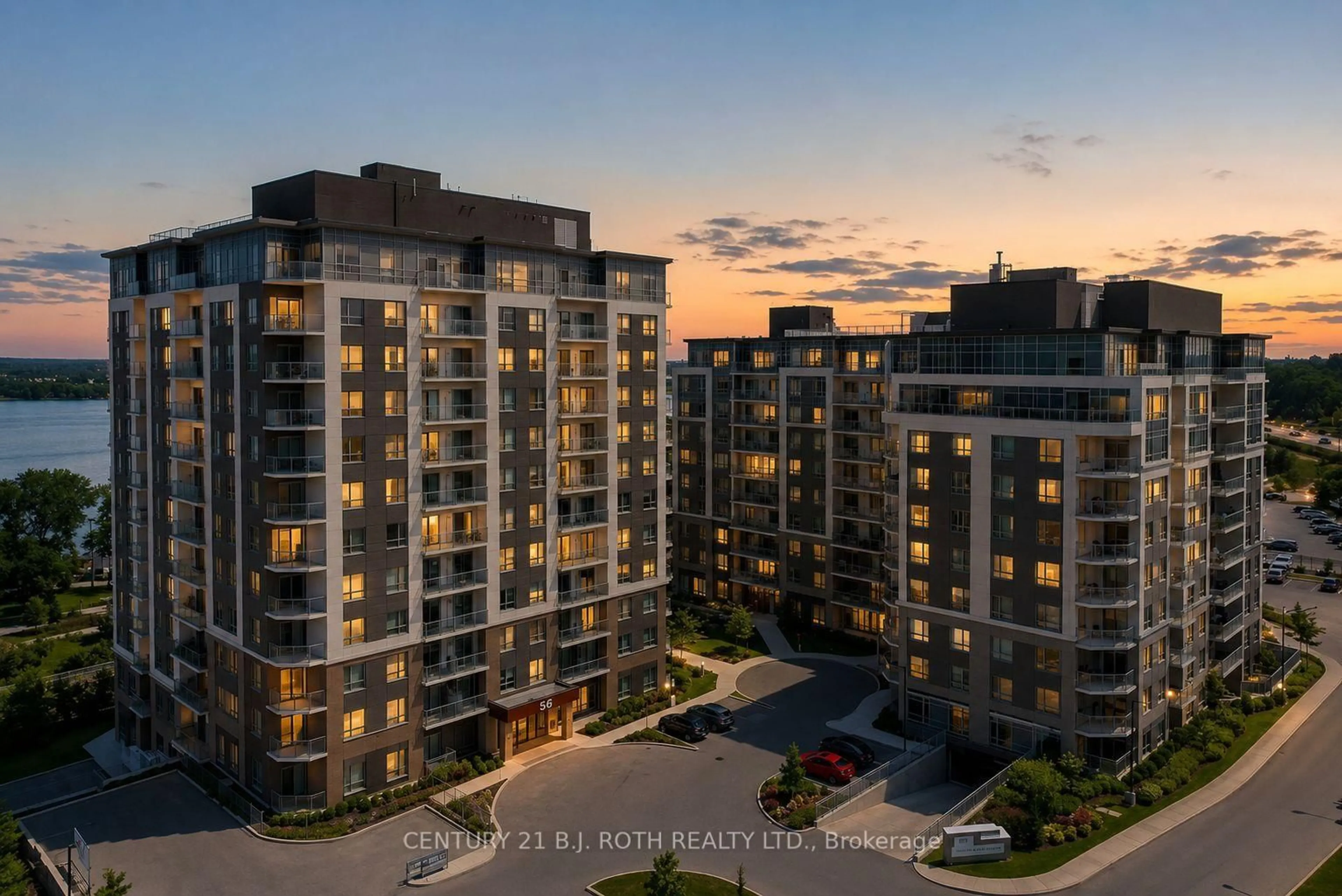 A pic from outside/outdoor area/front of a property/back of a property/a pic from drone, city buildings view from balcony for 58 Lakeside Terr #112, Barrie Ontario L4M 0L5