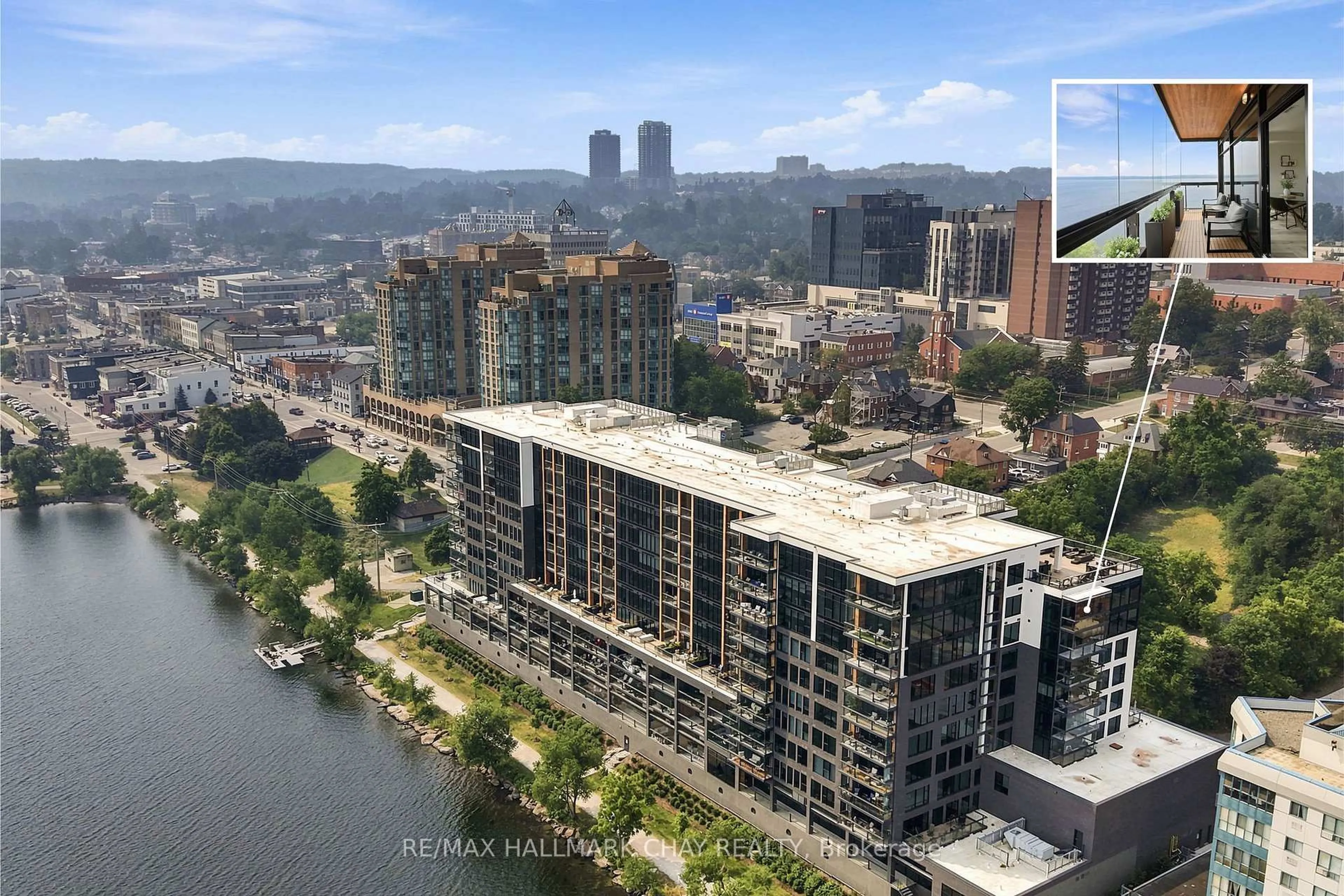 A pic from outside/outdoor area/front of a property/back of a property/a pic from drone, city buildings view from balcony for 185 Dunlop St #914, Barrie Ontario L4M 0L7