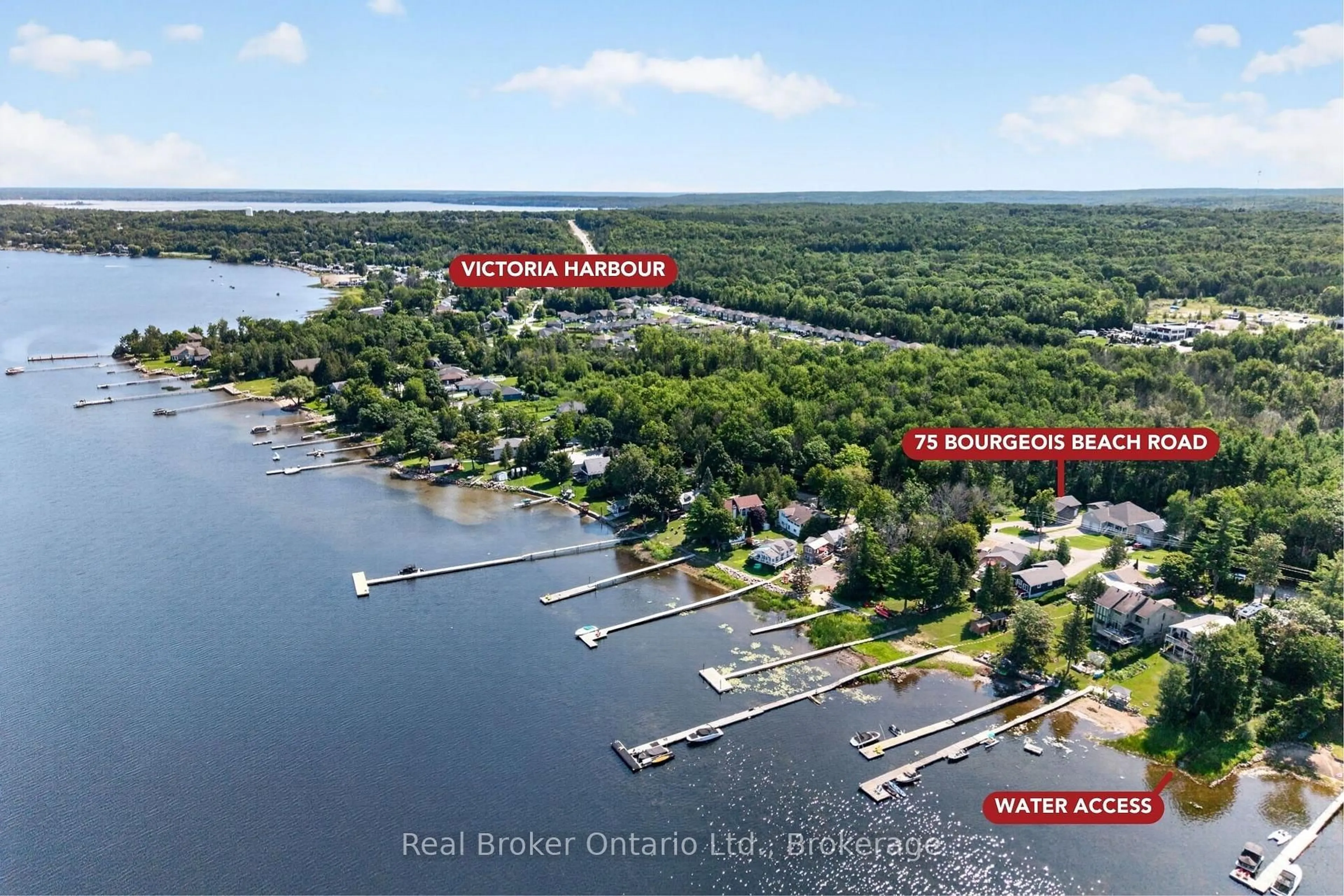 A pic from outside/outdoor area/front of a property/back of a property/a pic from drone, water/lake/river/ocean view for 75 Bourgeois Beach Rd, Tay Ontario L0K 2A0