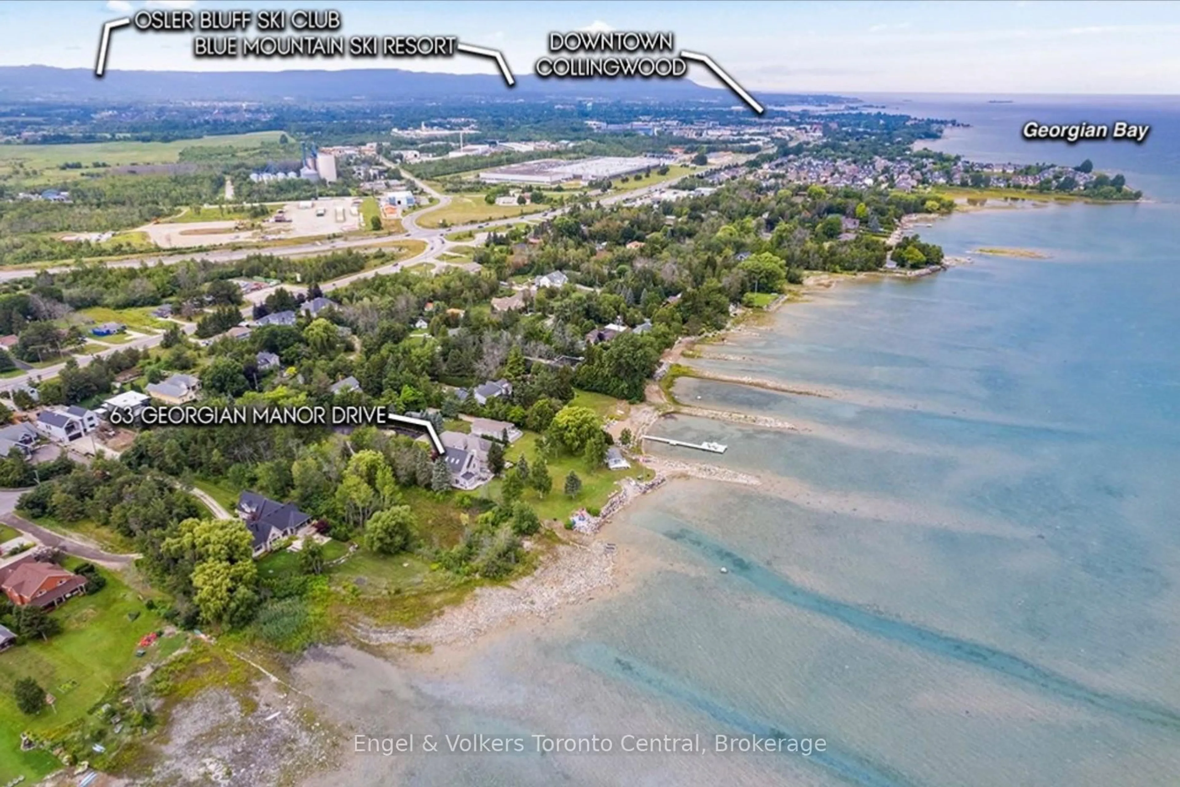 A pic from outside/outdoor area/front of a property/back of a property/a pic from drone, water/lake/river/ocean view for 63 Georgian Manor Dr, Collingwood Ontario L9Y 5P4