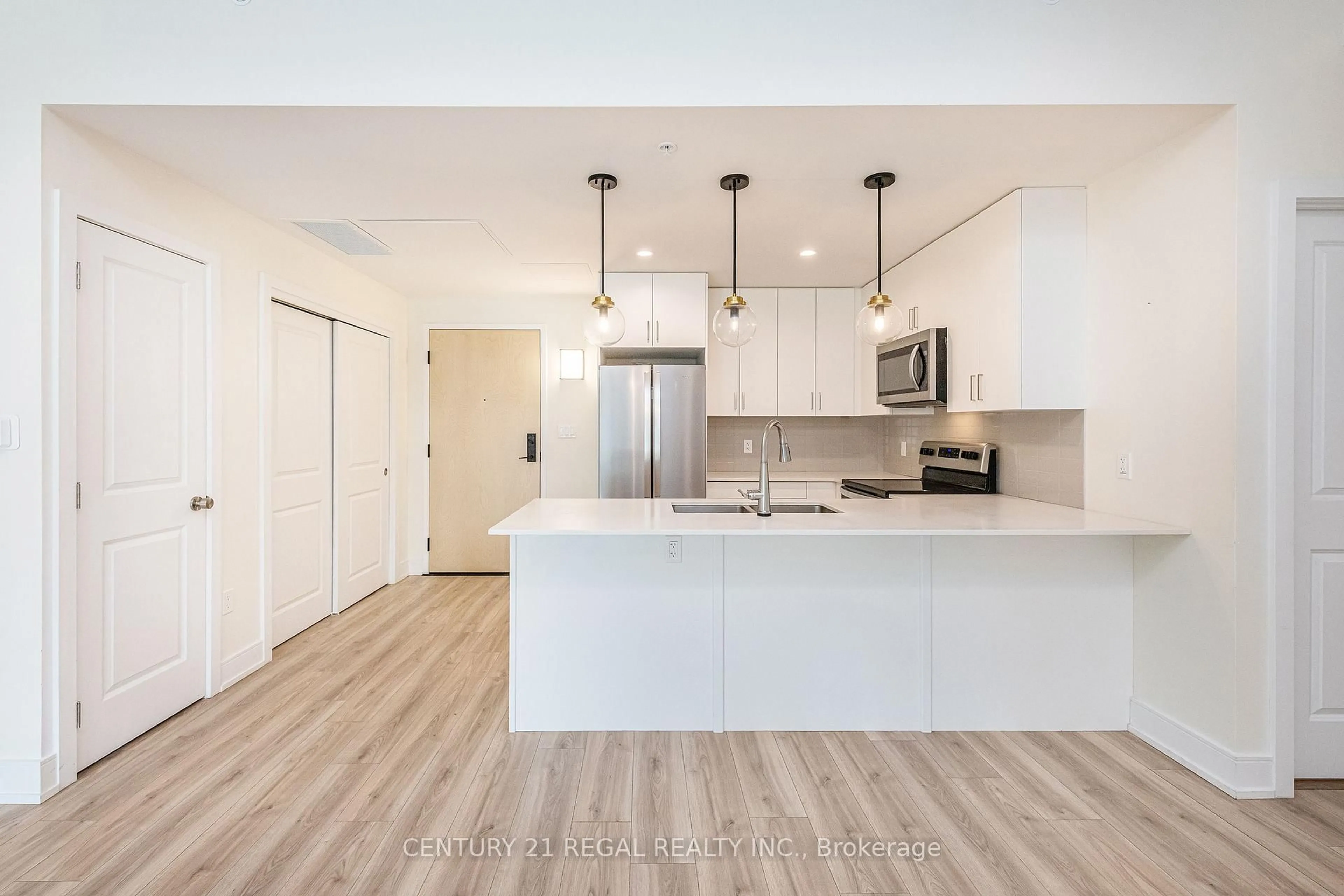 Open concept kitchen, wood/laminate floor for 121 Mary St #Unit 205, Clearview Ontario L0M 1G0