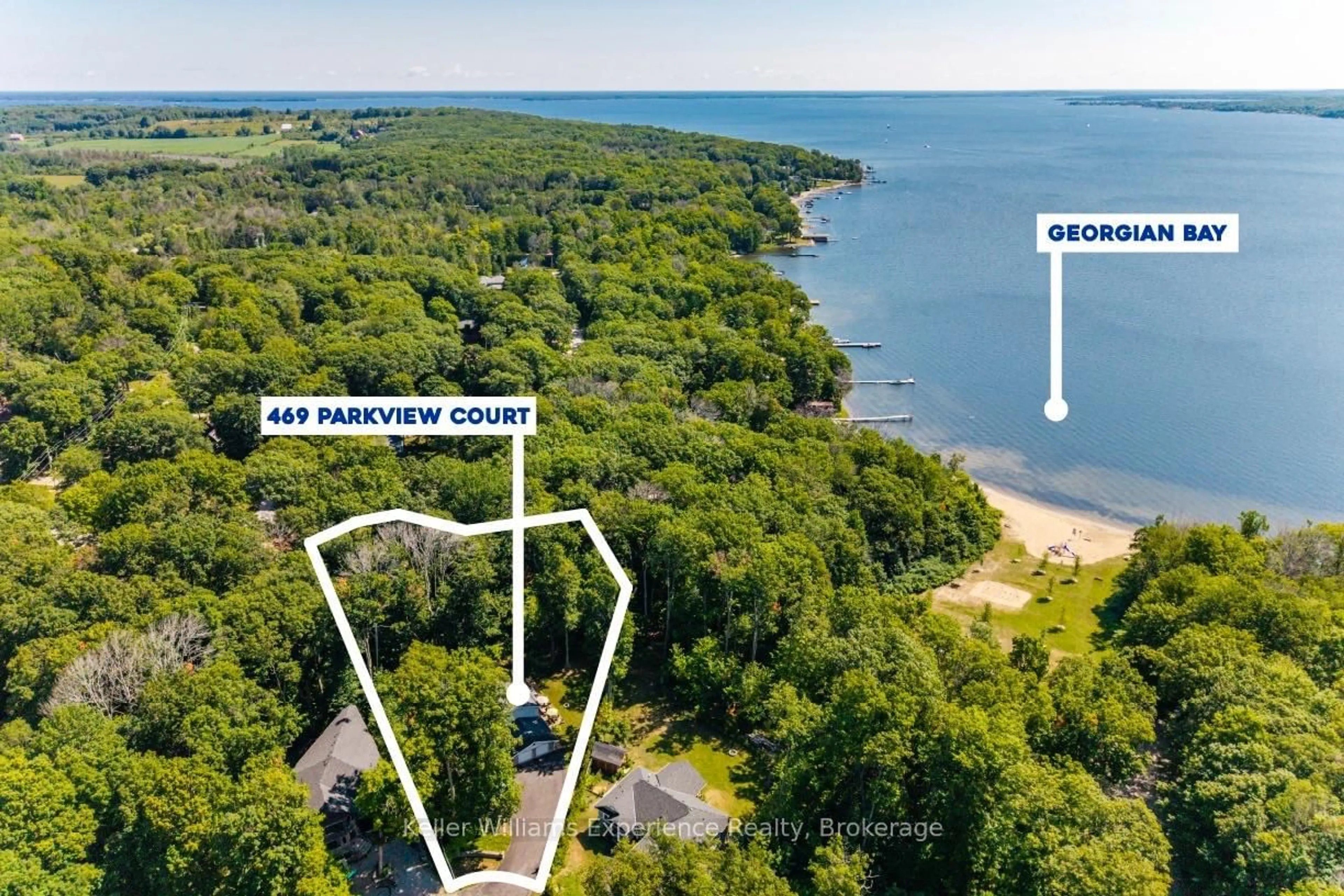 A pic from outside/outdoor area/front of a property/back of a property/a pic from drone, water/lake/river/ocean view for 469 Parkview Crt, Midland Ontario L4R 5G3