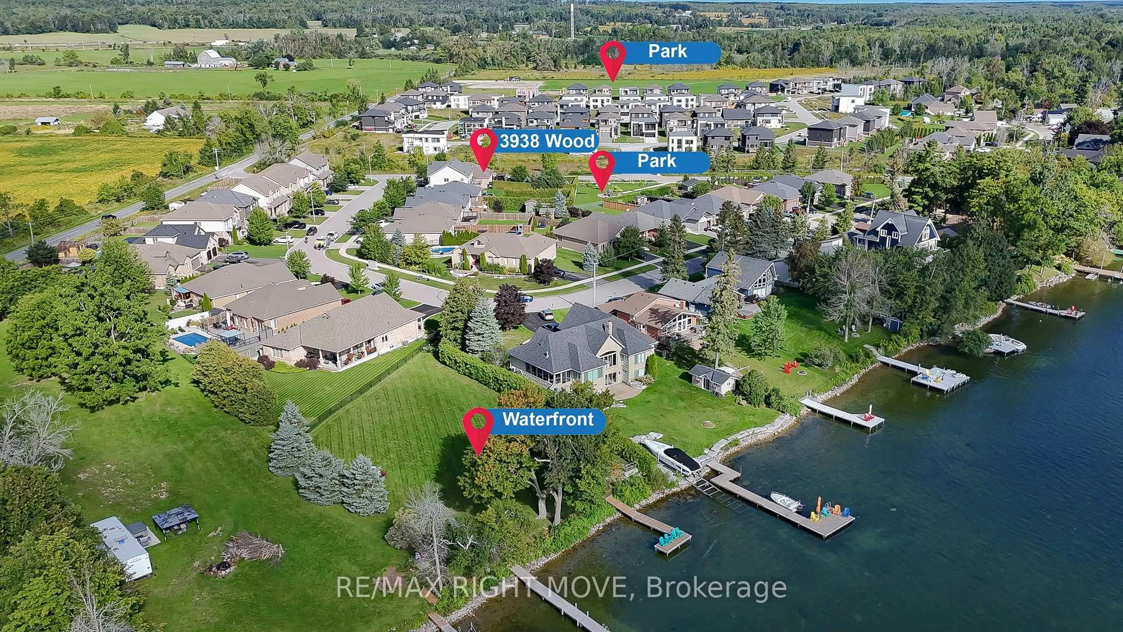 A pic from outside/outdoor area/front of a property/back of a property/a pic from drone, water/lake/river/ocean view for 3938 Wood Ave, Severn Ontario L3V 0Y9