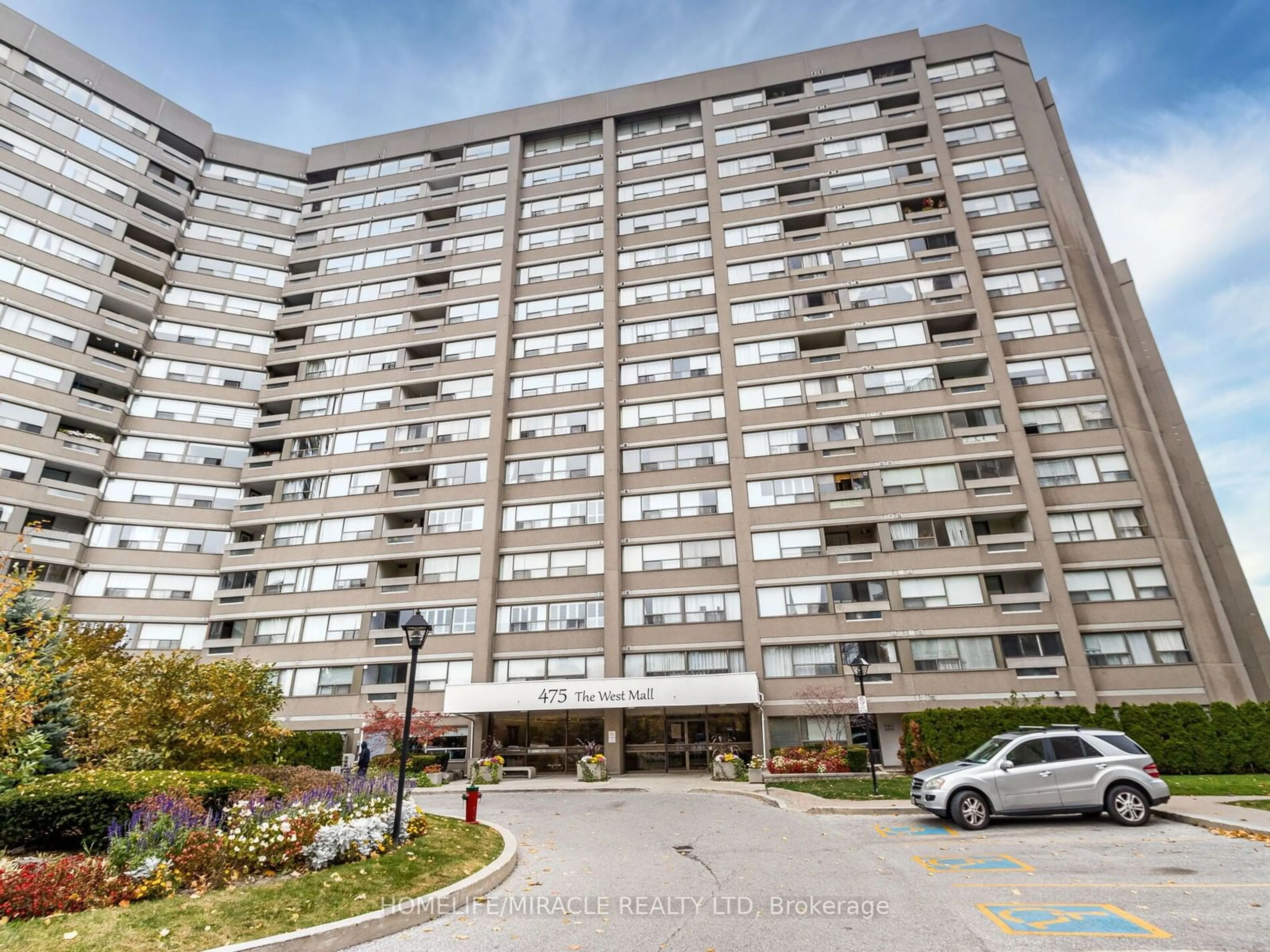 A pic from exterior of the house or condo, the front or back of building for 475 The West Mall #510, Toronto Ontario M9C 4Z3