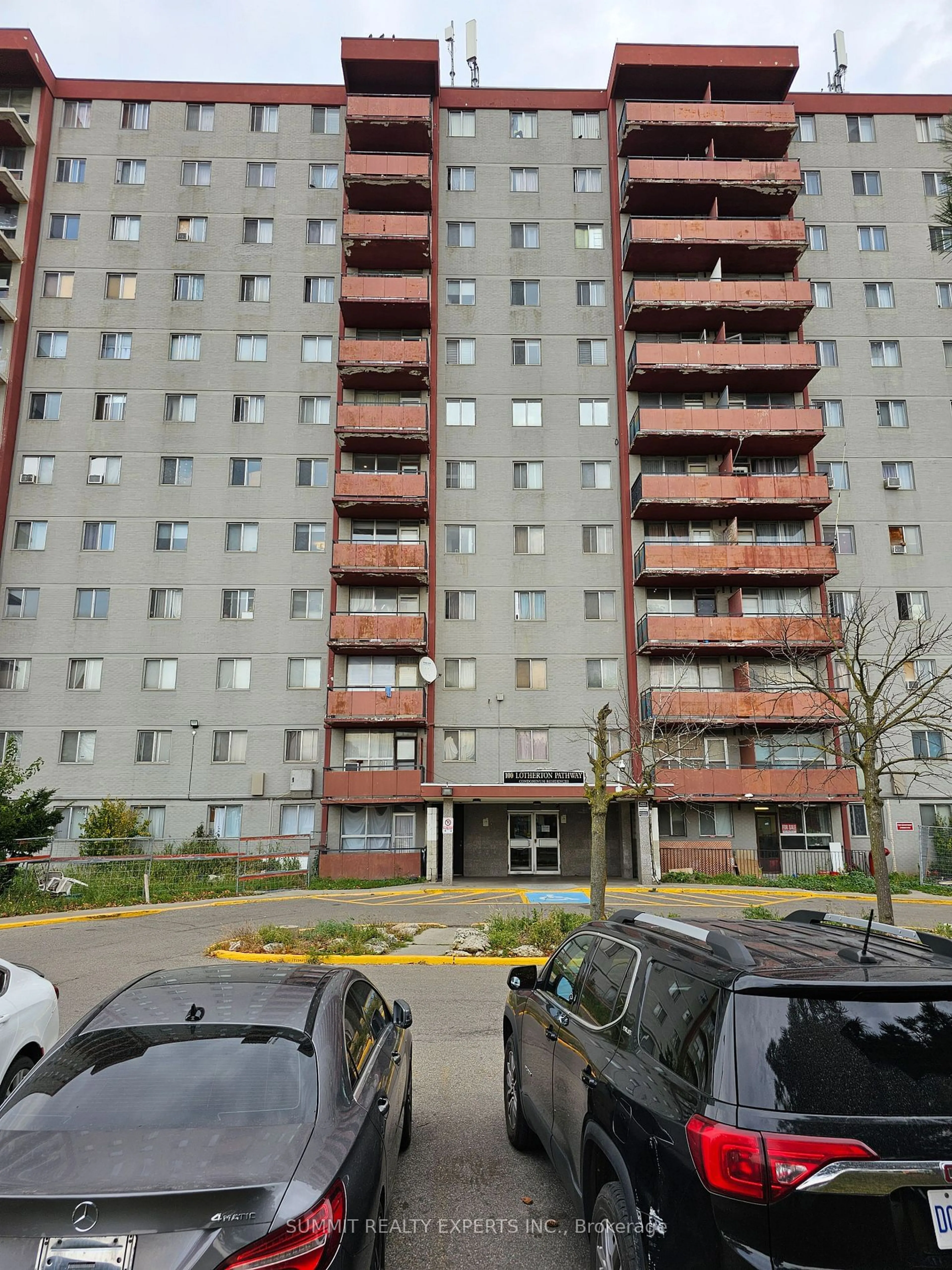 A pic from exterior of the house or condo, the front or back of building for 100 Lotherton Pkwy #1107, Toronto Ontario M6B 2G8