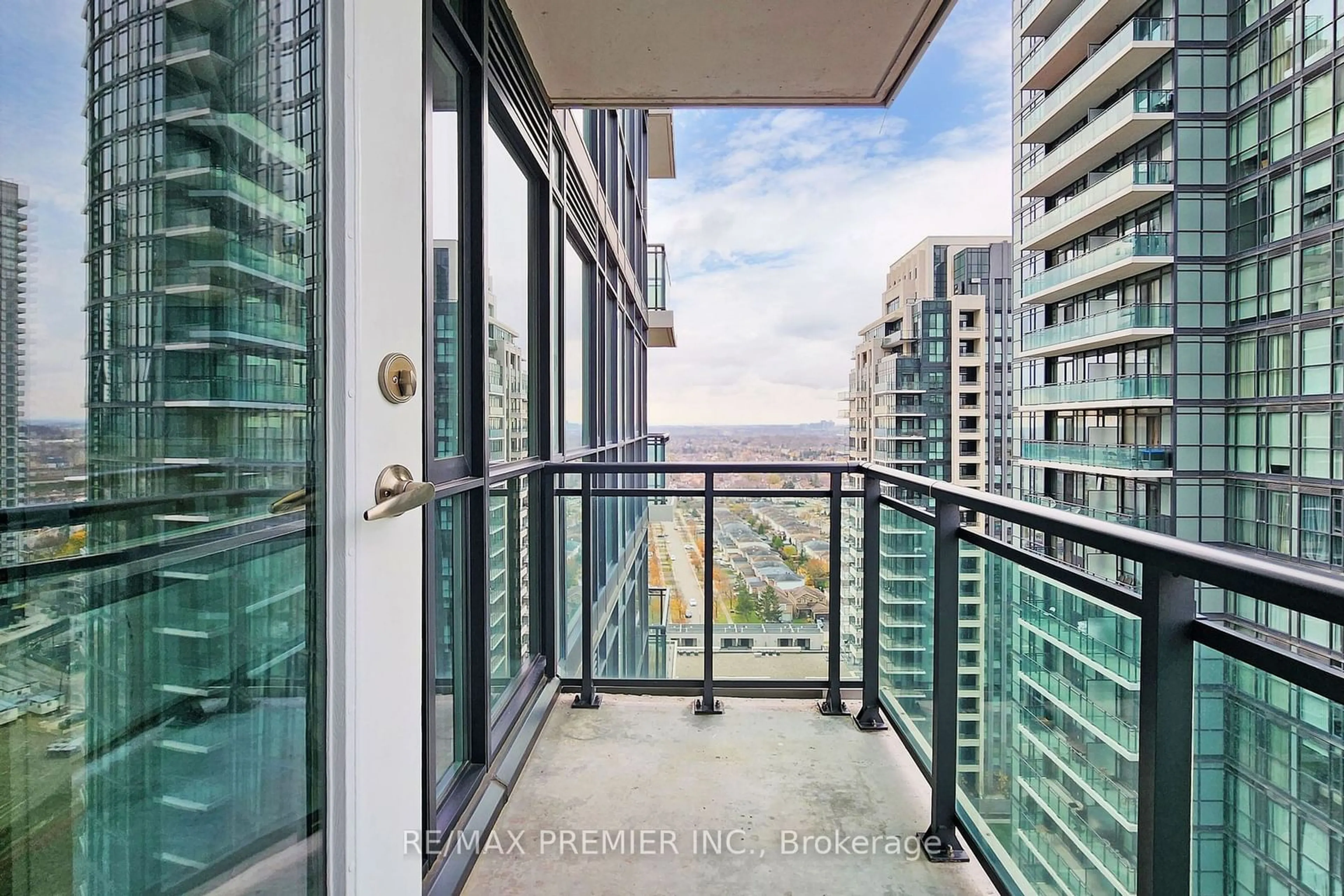 Balcony in the apartment, the view of city buildings for 4070 Confederation Pkwy #2008, Mississauga Ontario L5B 0E9