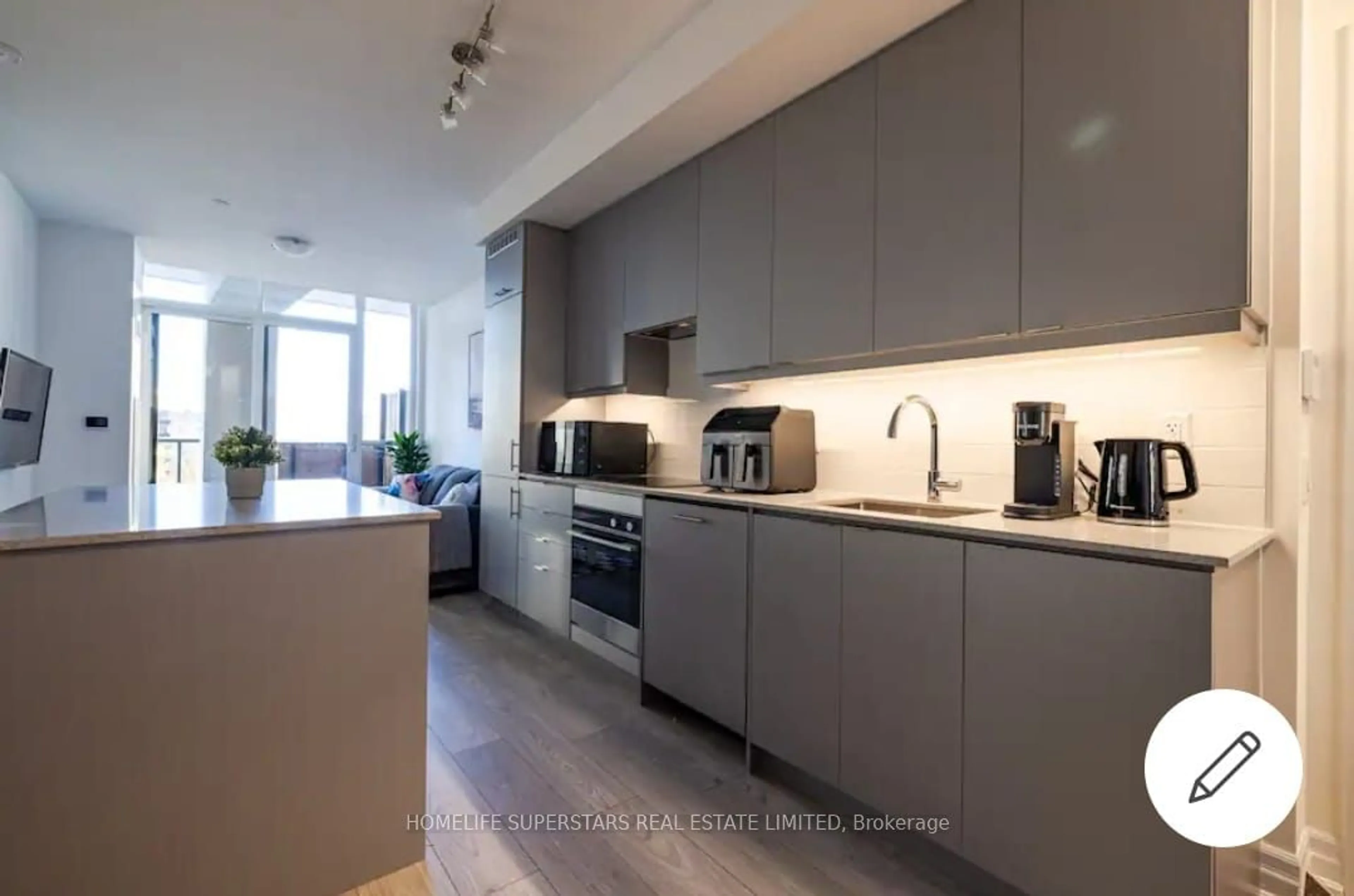 Contemporary kitchen, wood floors for 36 Elm Dr #303, Mississauga Ontario L5B 1L9