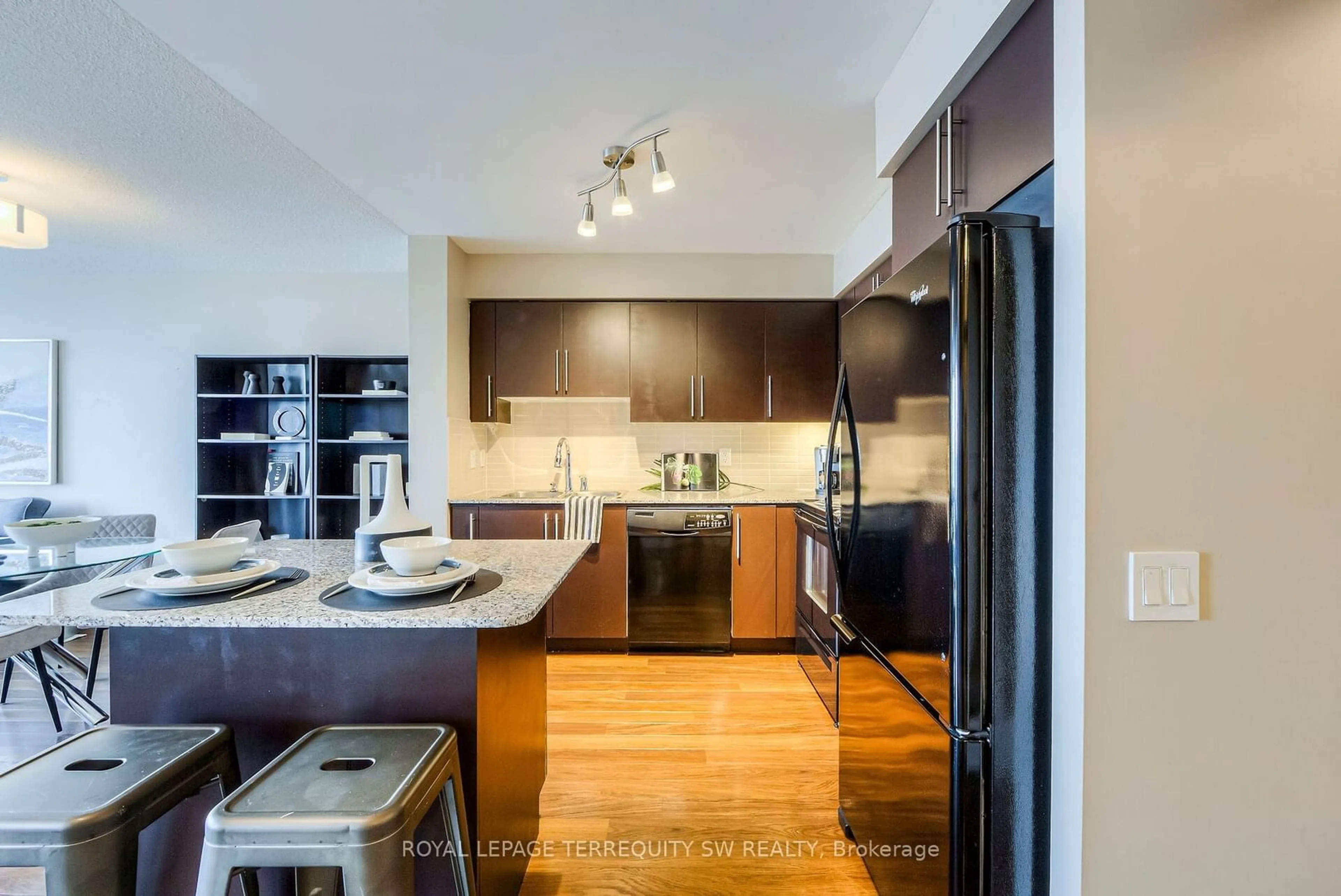 Contemporary kitchen, wood floors for 25 Viking Lane #1451, Toronto Ontario M9B 0A1