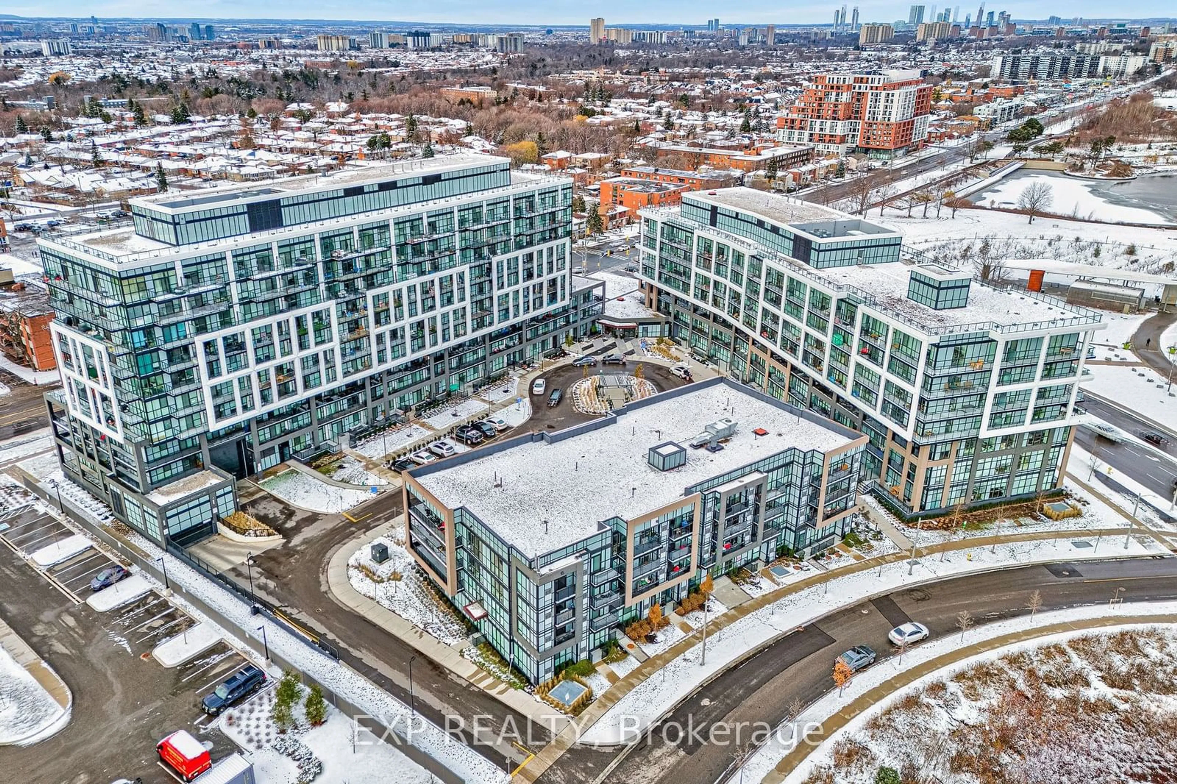 A pic from exterior of the house or condo, the view of city buildings for 50 George Butchart Dr #313, Toronto Ontario M3K 0C9