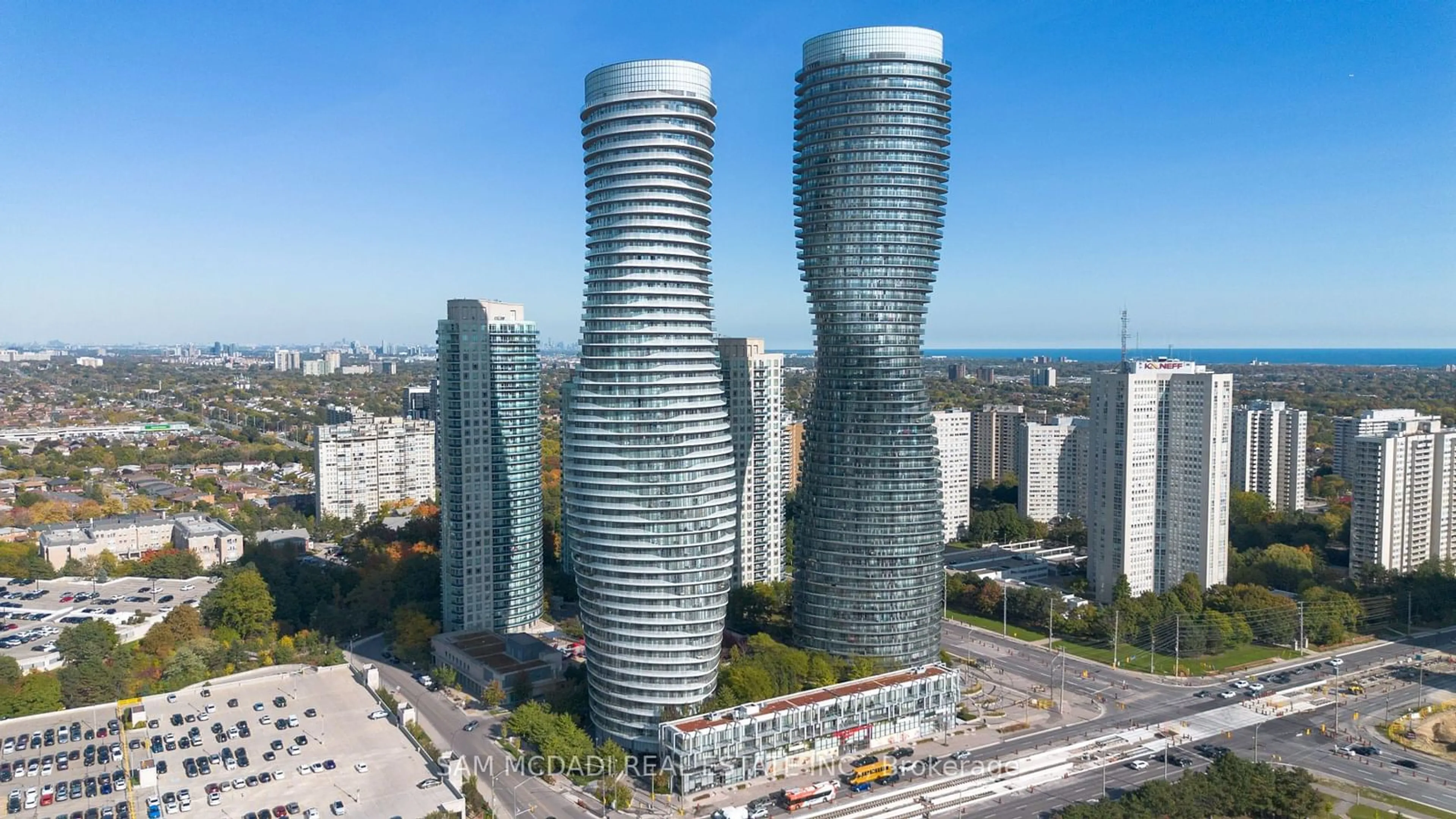 A pic from outside/outdoor area/front of a property/back of a property/a pic from drone, city buildings view from balcony for 50 Absolute Ave #1003, Mississauga Ontario L4Z 0A8