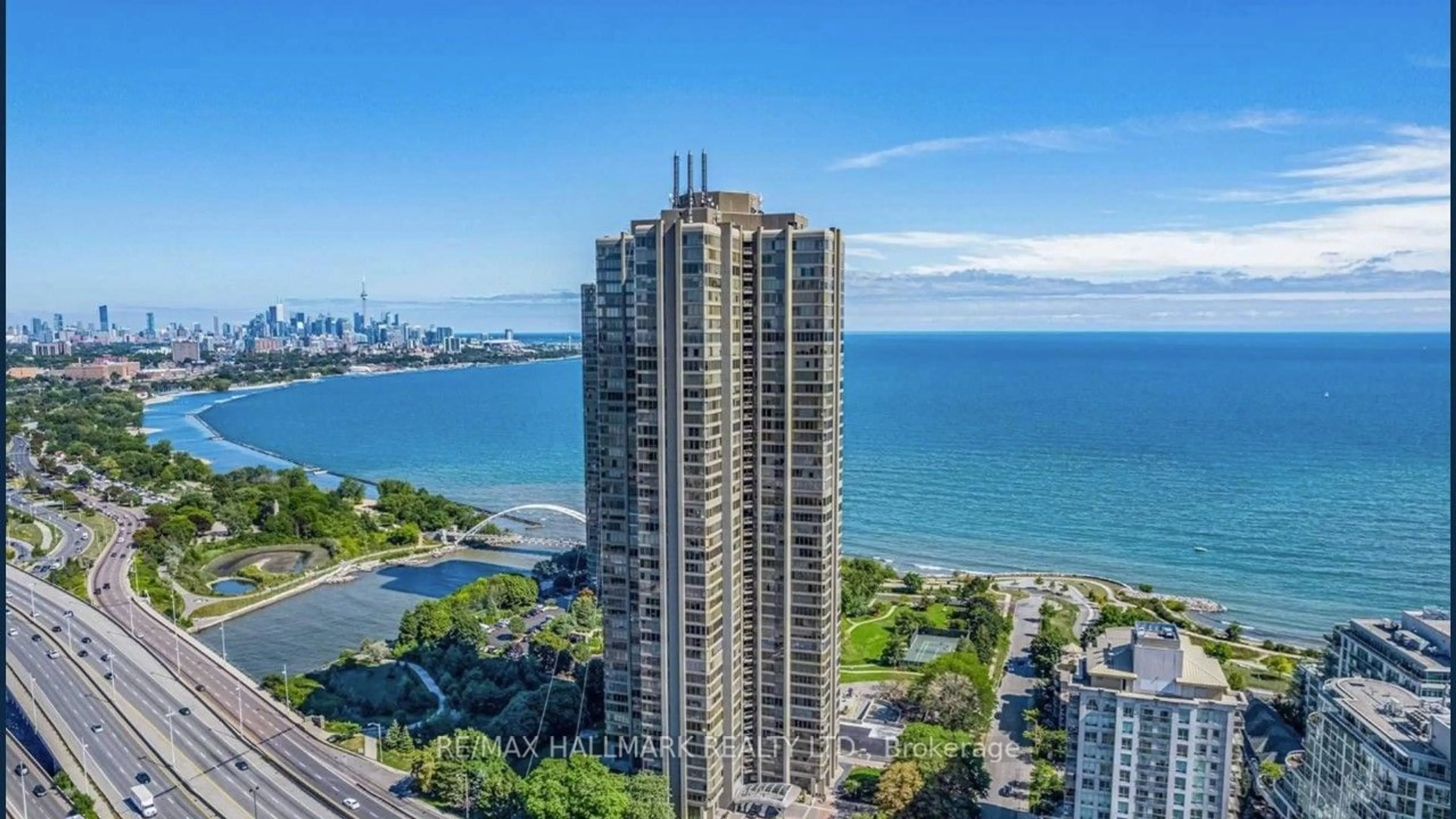 A pic from outside/outdoor area/front of a property/back of a property/a pic from drone, water/lake/river/ocean view for 2045 Lake Shore Blvd #2706, Toronto Ontario M8V 2Z6