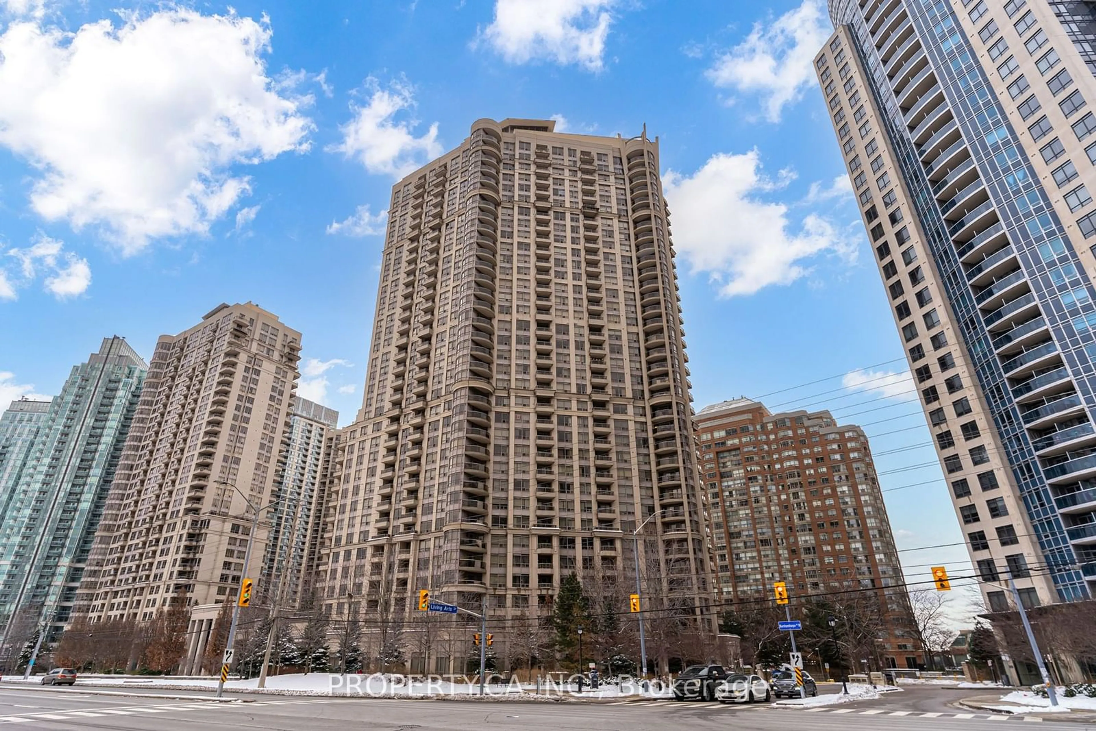 Patio, city buildings view from balcony for 310 Burnhamthorpe Rd #401, Mississauga Ontario L5B 4P9