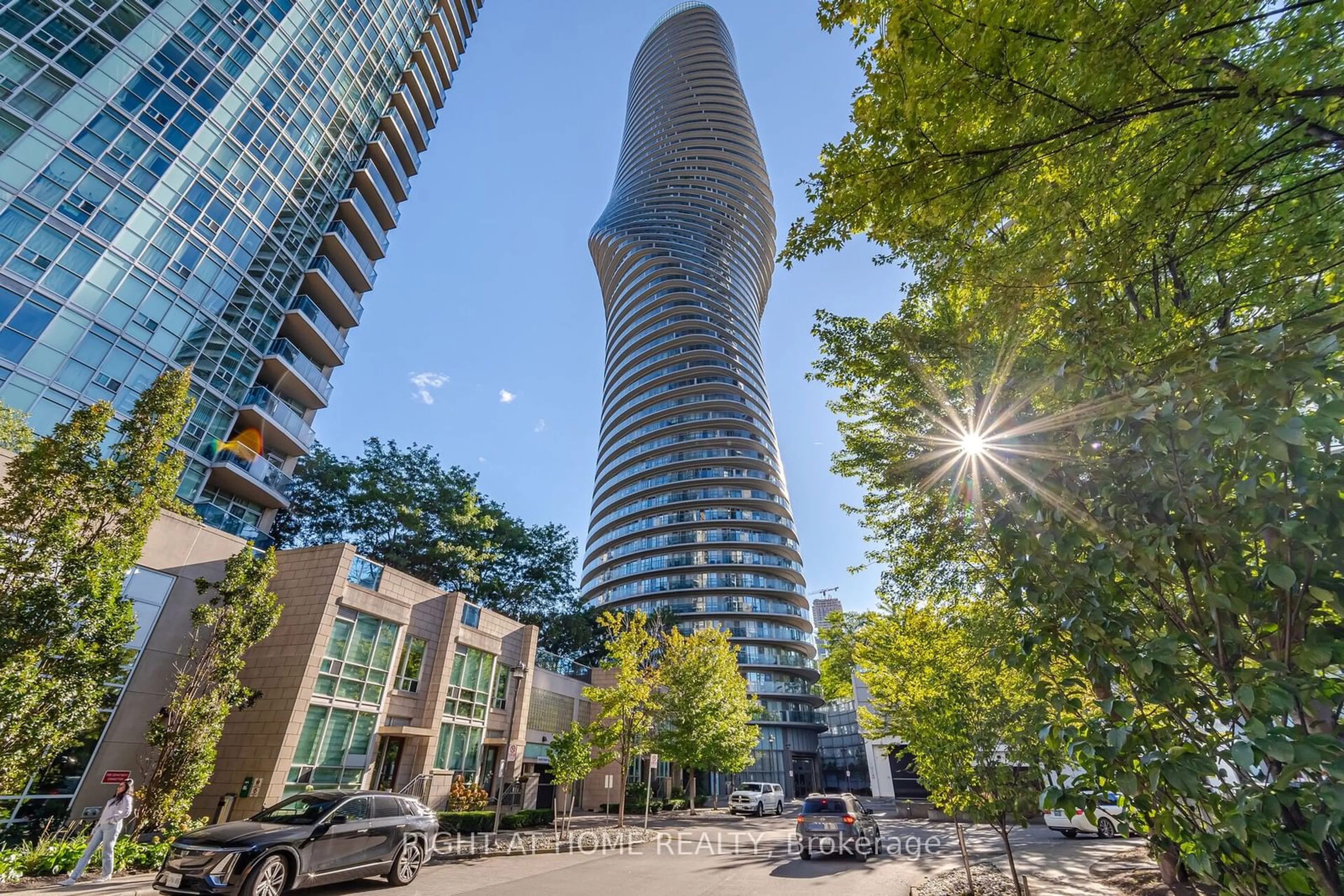 Patio, city buildings view from balcony for 60 Absolute Ave #3301, Mississauga Ontario L4Z 0A9