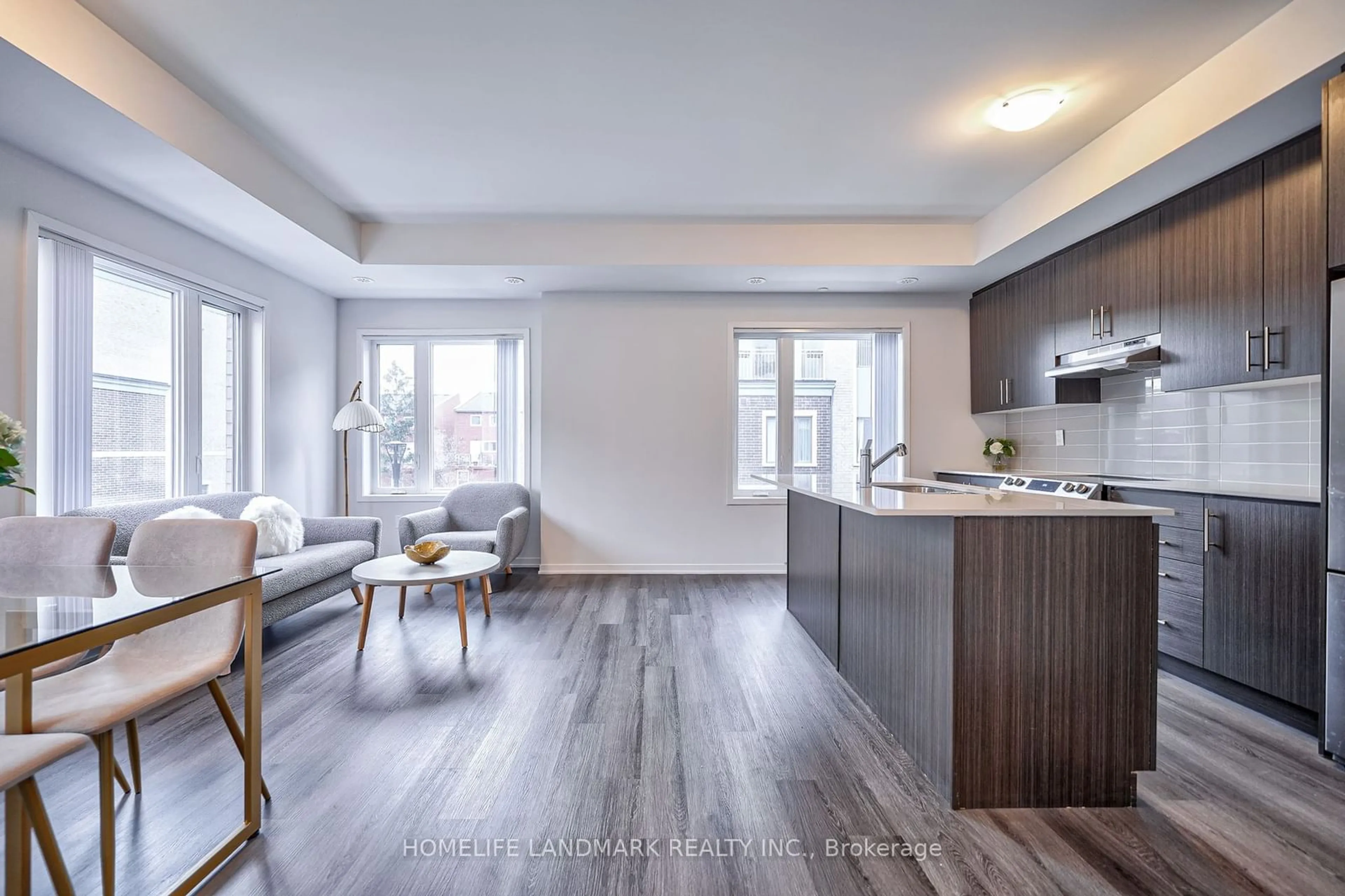 Open concept kitchen, wood/laminate floor for 20 William Jackson Way #91, Toronto Ontario M8V 0J7