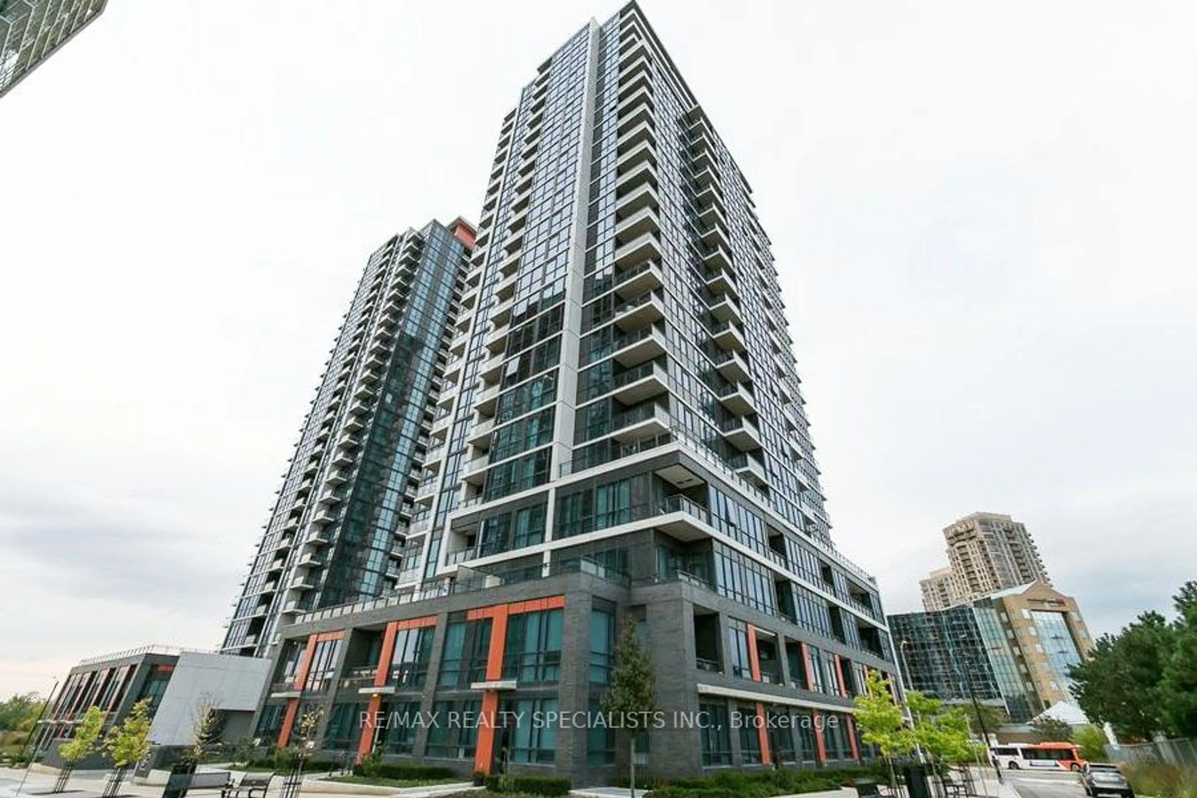 Patio, city buildings view from balcony for 55 Eglinton Ave #405, Mississauga Ontario L5R 0E4