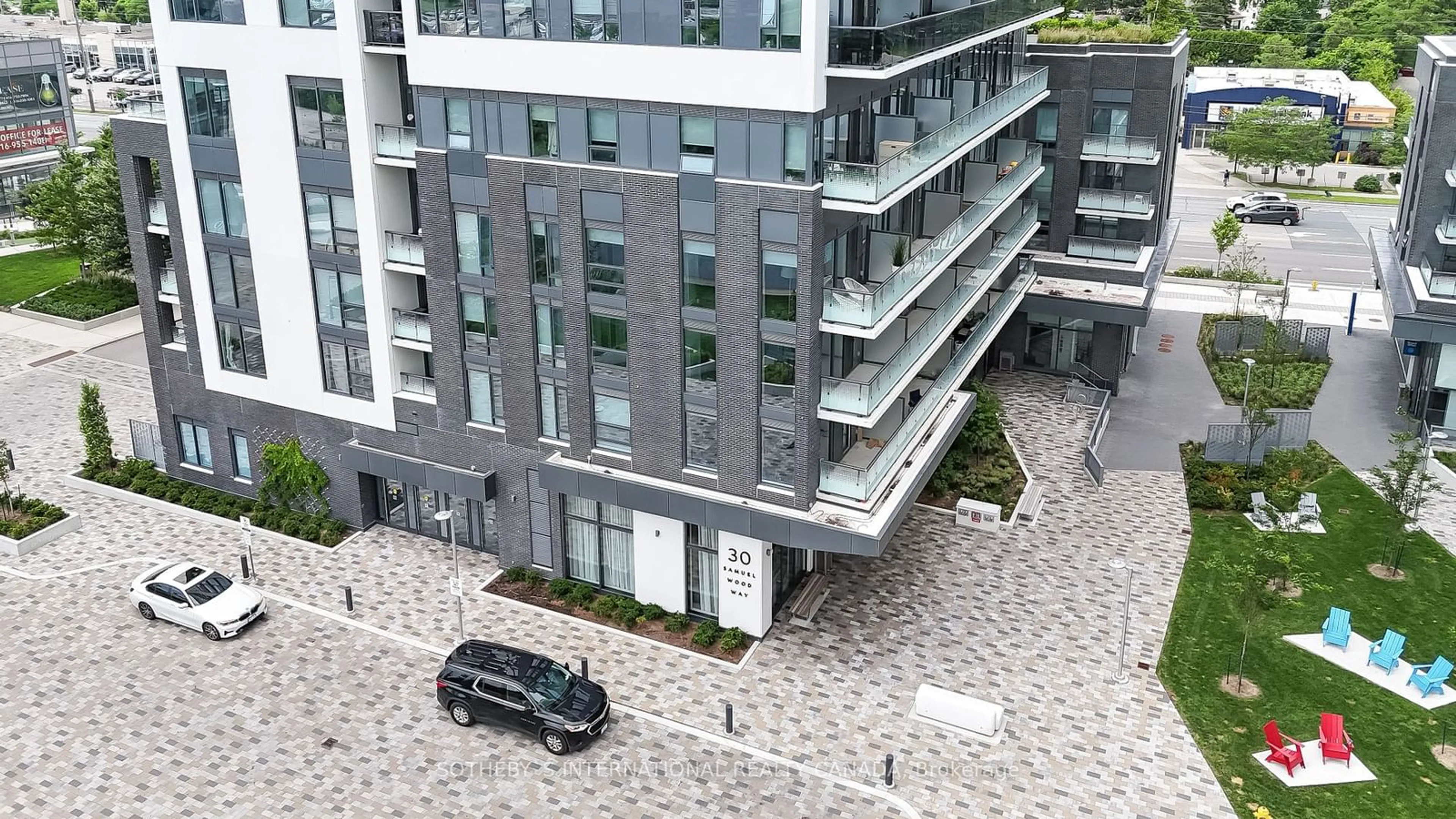 A pic from outside/outdoor area/front of a property/back of a property/a pic from drone, city buildings view from balcony for 30 Samuel Wood Way #702, Toronto Ontario M9B 0C9