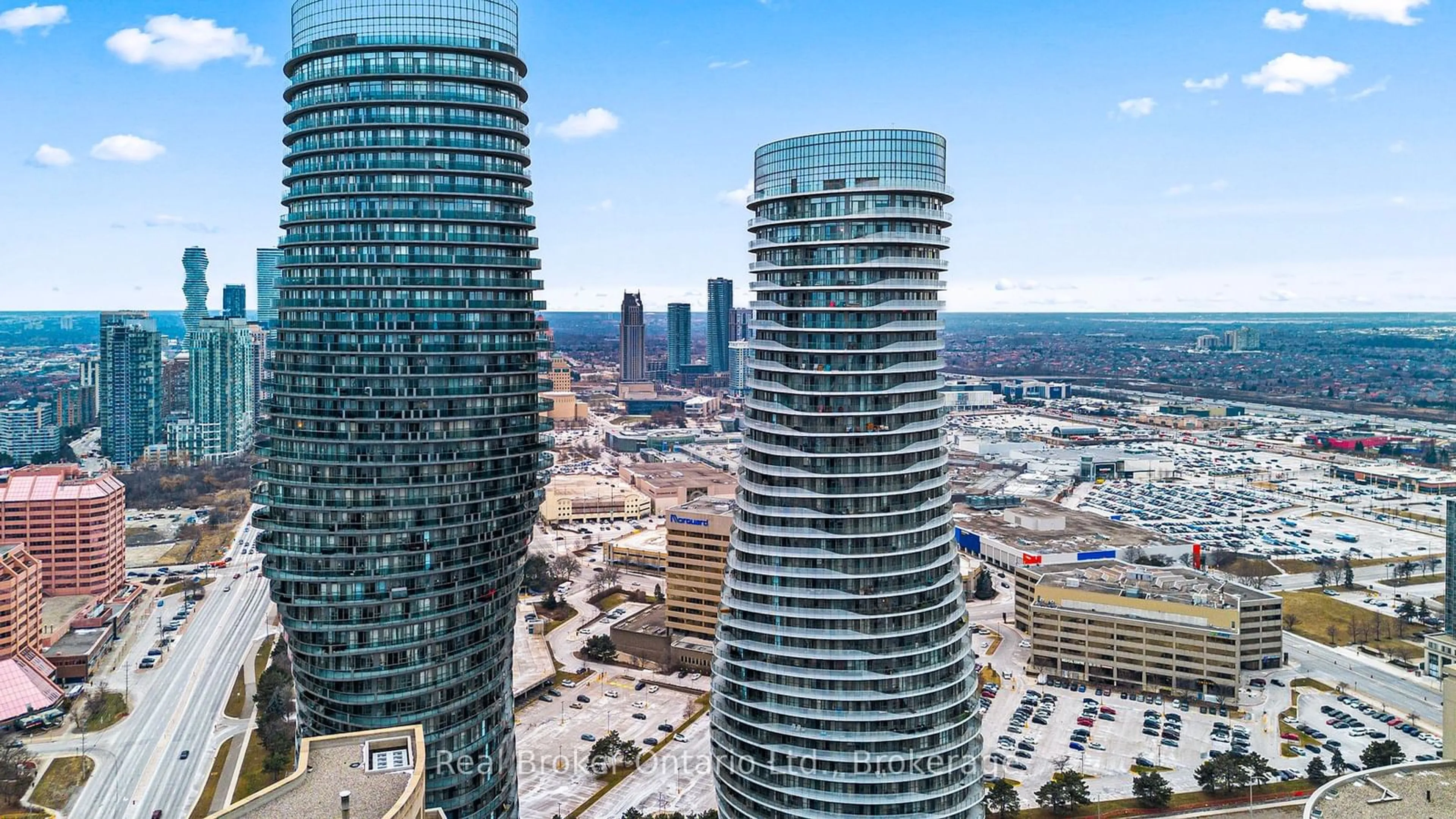 A pic from outside/outdoor area/front of a property/back of a property/a pic from drone, city buildings view from balcony for 50 Absolute Ave #3701, Mississauga Ontario L4Z 0A8