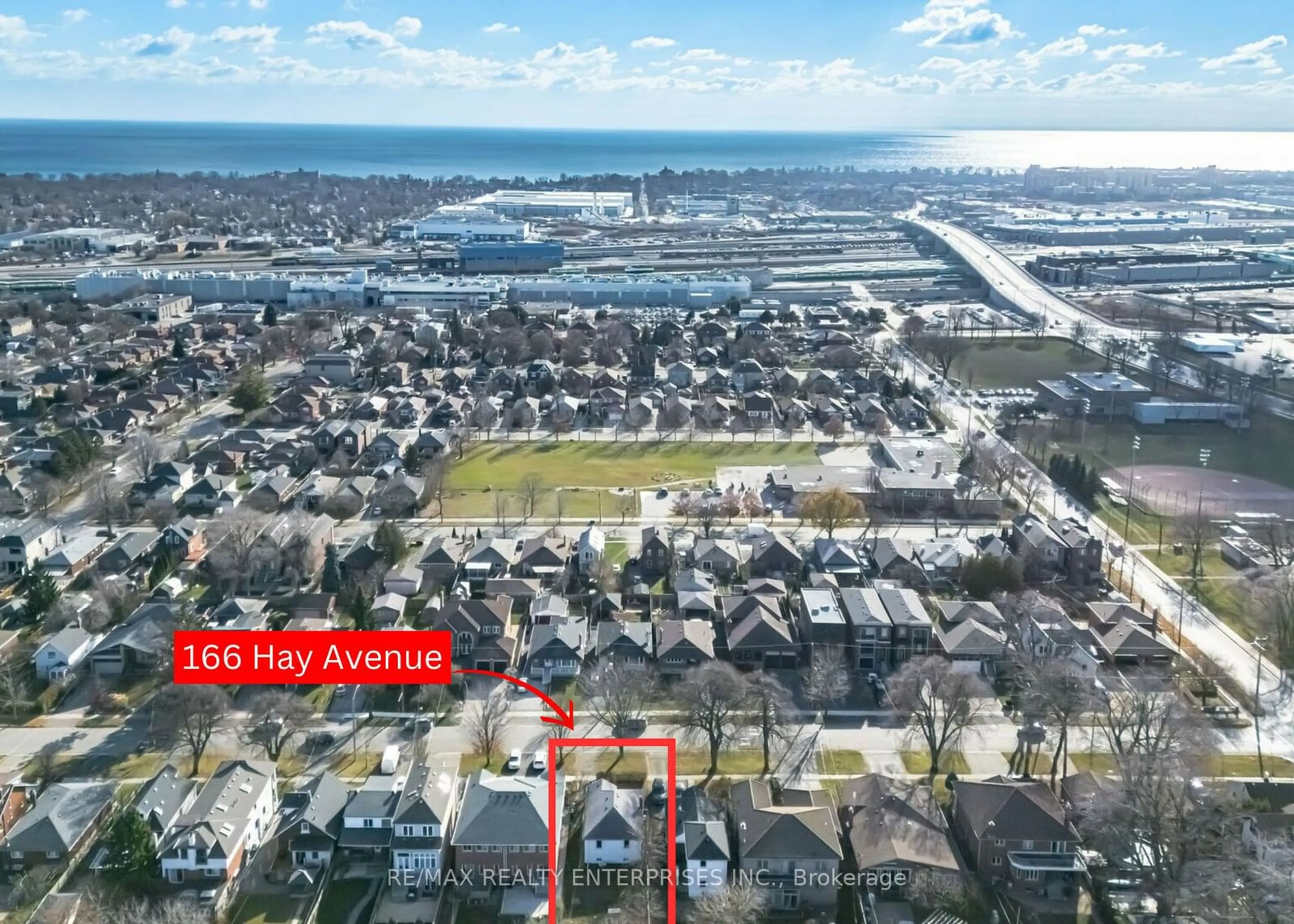 A pic from outside/outdoor area/front of a property/back of a property/a pic from drone, water/lake/river/ocean view for 166 Hay Ave, Toronto Ontario M8Z 1G5