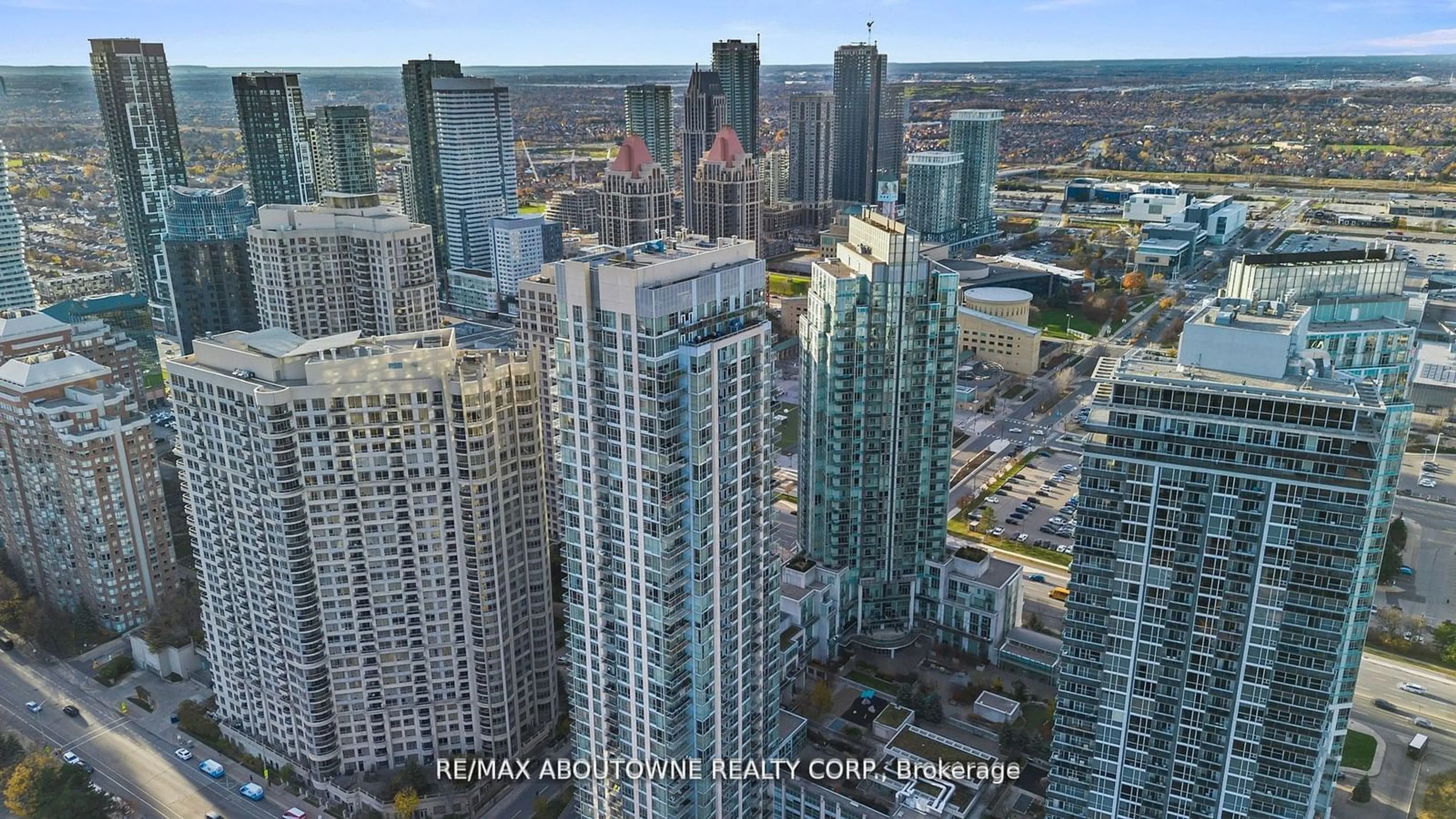 A pic from outside/outdoor area/front of a property/back of a property/a pic from drone, city buildings view from balcony for 225 Webb Dr #2503, Mississauga Ontario L5B 4P2