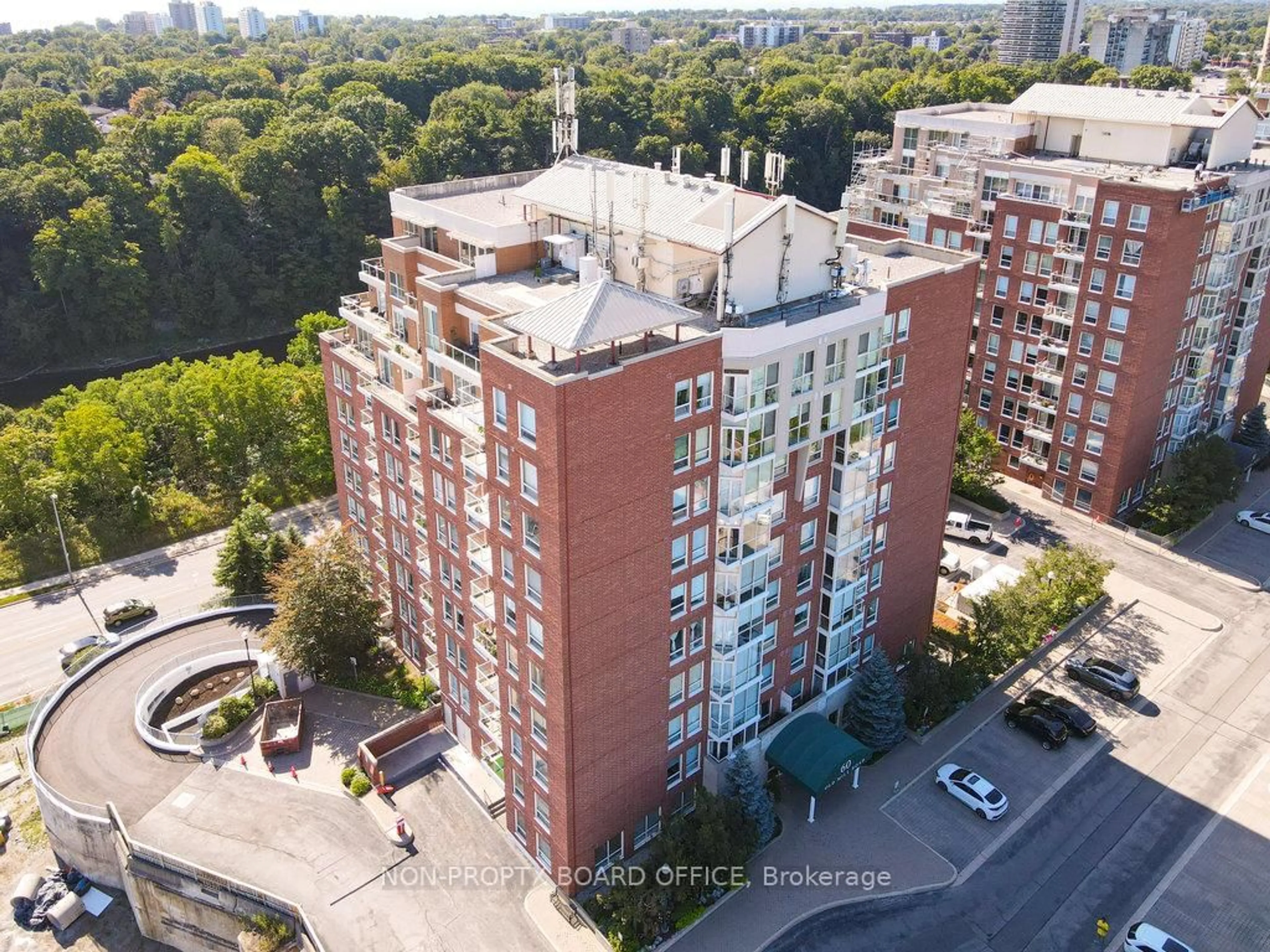 A pic from outside/outdoor area/front of a property/back of a property/a pic from drone, city buildings view from balcony for 60 Old Mill Rd #505, Oakville Ontario L6J 7V9