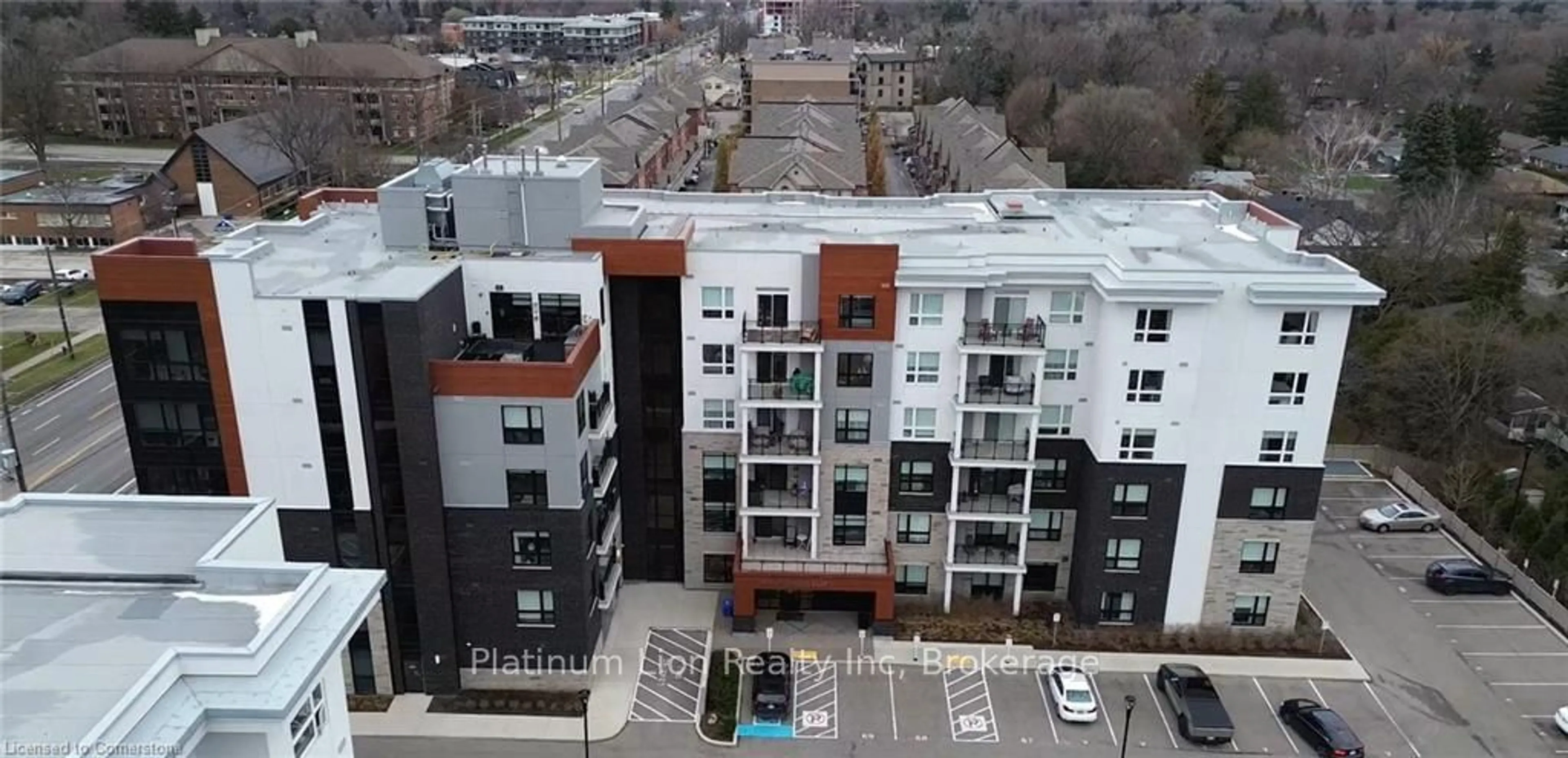 A pic from outside/outdoor area/front of a property/back of a property/a pic from drone, city buildings view from balcony for 340 Plains Rd #411, Burlington Ontario L7T 0C2