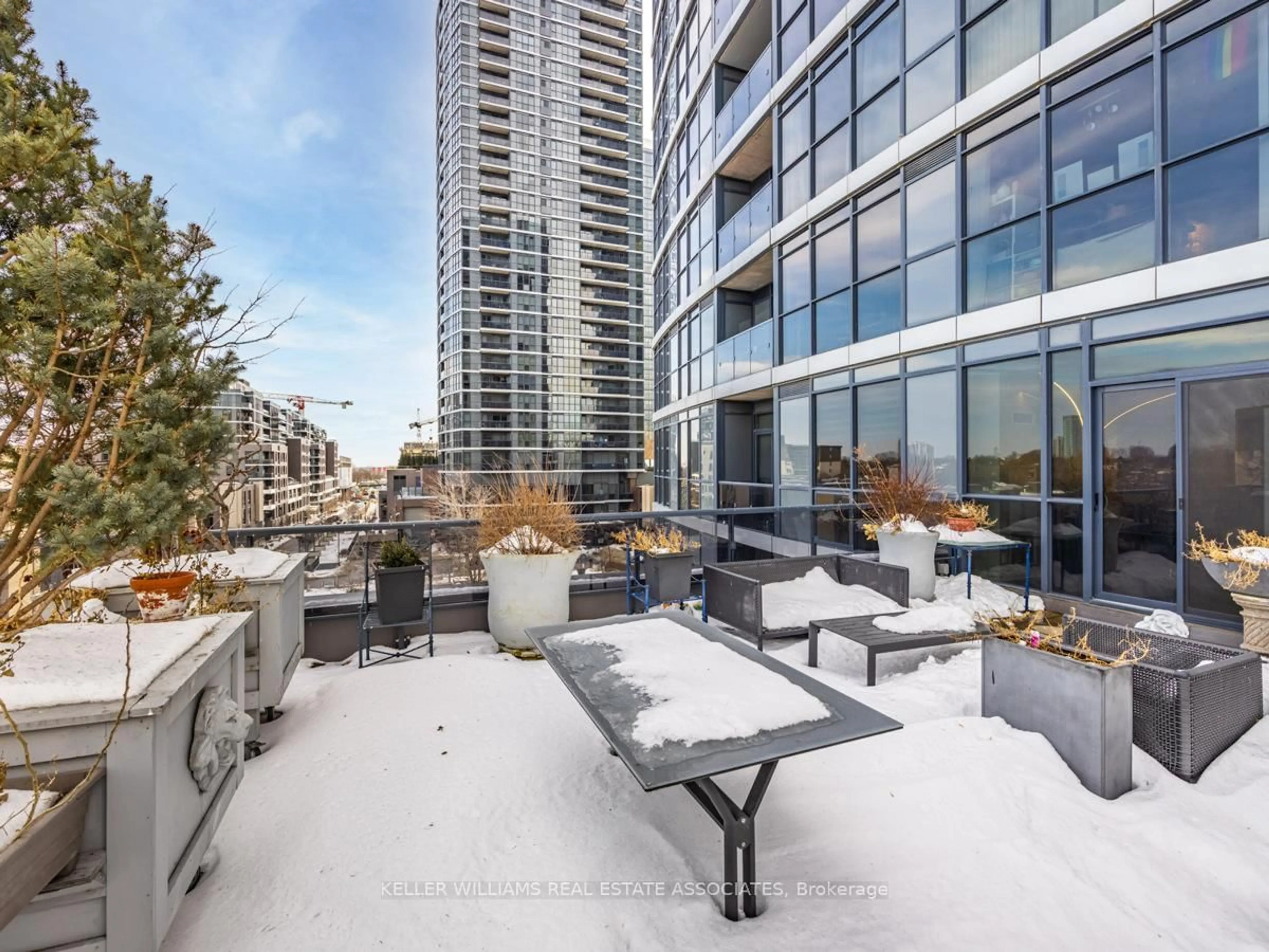 Patio, city buildings view from balcony for 1 Valhalla Inn Rd #407, Toronto Ontario M9B 1S9