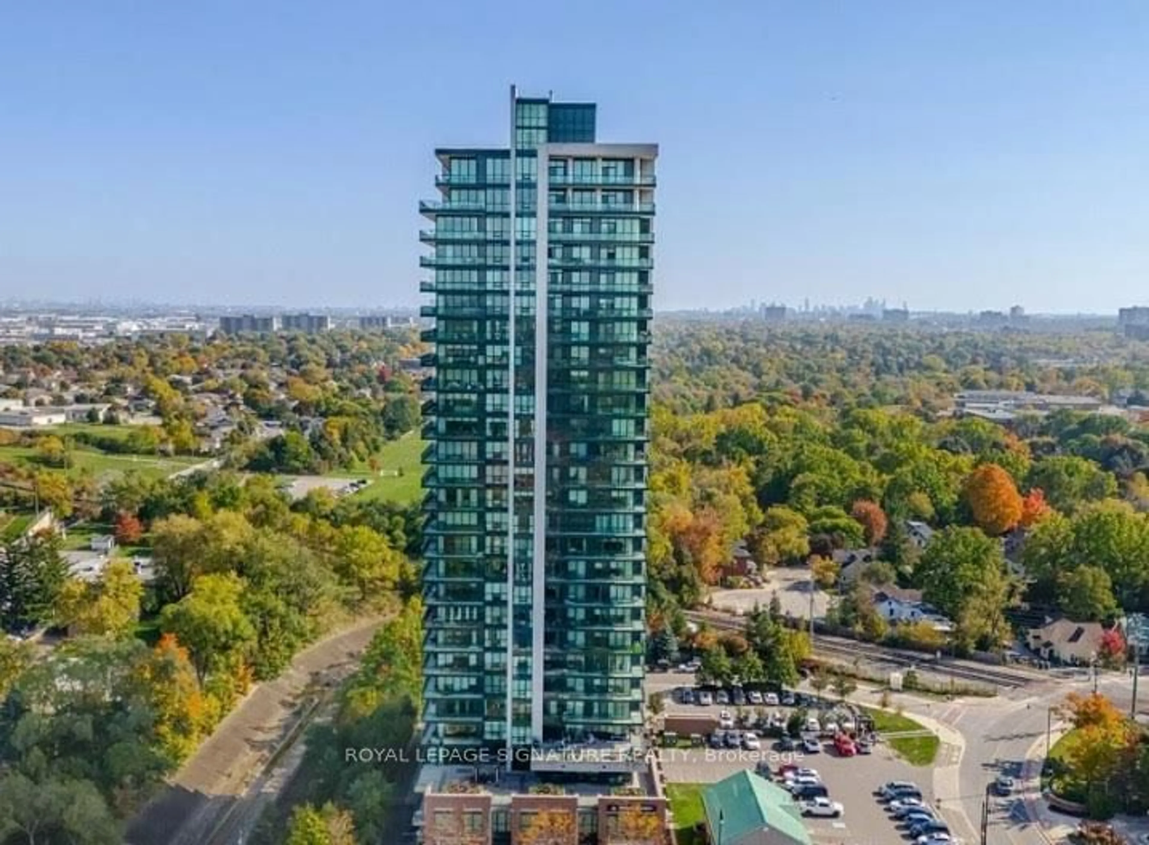 A pic from outside/outdoor area/front of a property/back of a property/a pic from drone, city buildings view from balcony for 100 John St #1401, Brampton Ontario L6W 0A8