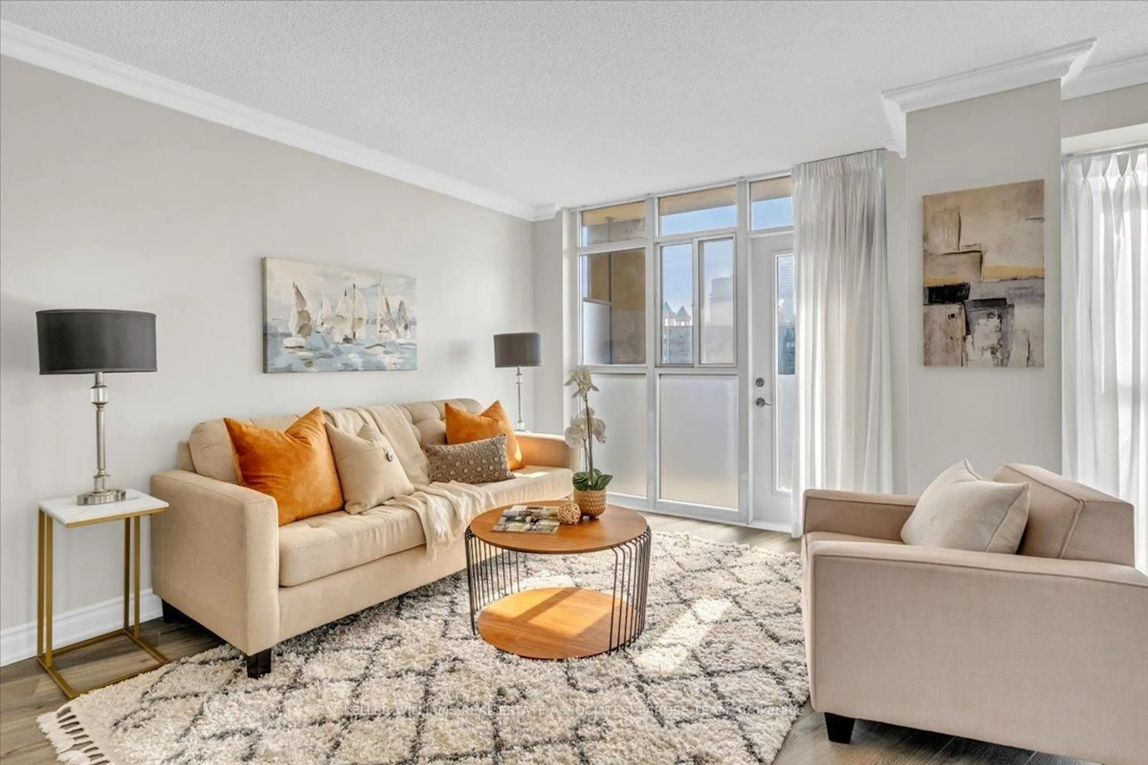 Living room with furniture, carpet floor for 3 Marine Parade Dr #1706, Toronto Ontario M8V 3Z5