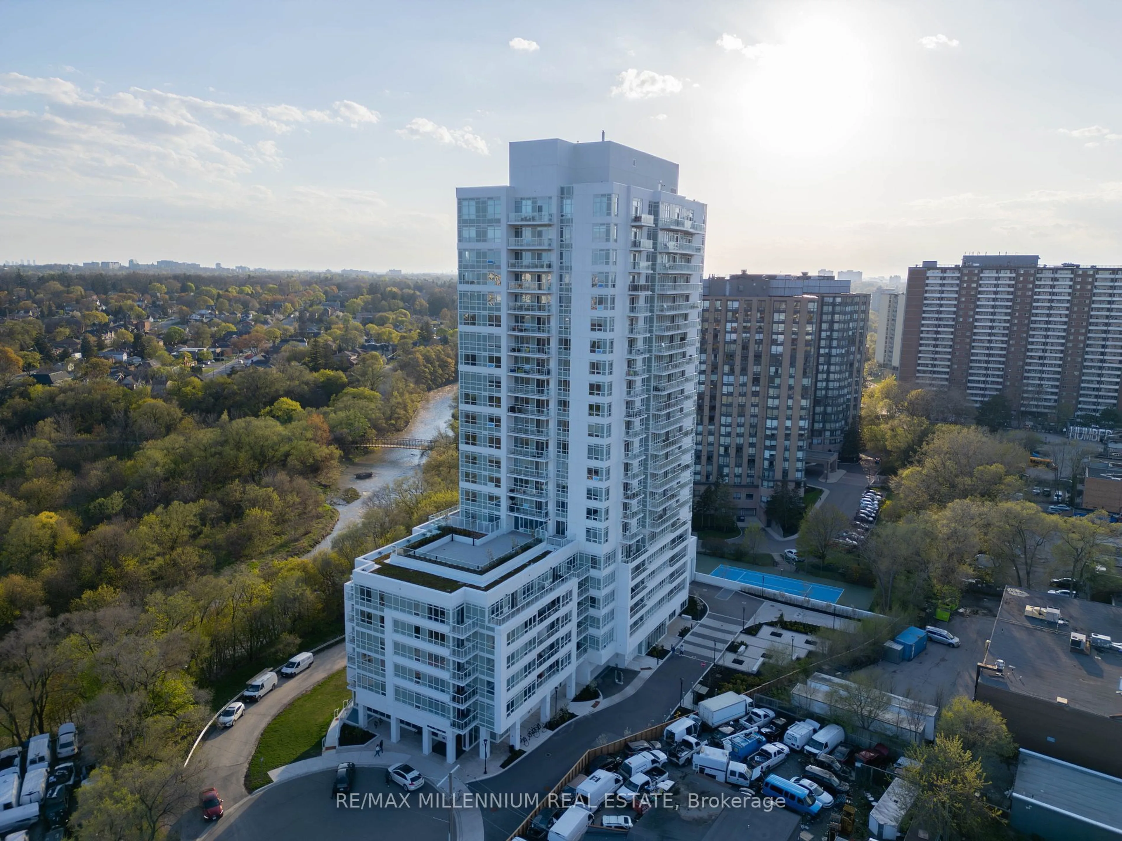 A pic from outside/outdoor area/front of a property/back of a property/a pic from drone, city buildings view from balcony for 10 Wilby Cres #216, Toronto Ontario M9N 1E5