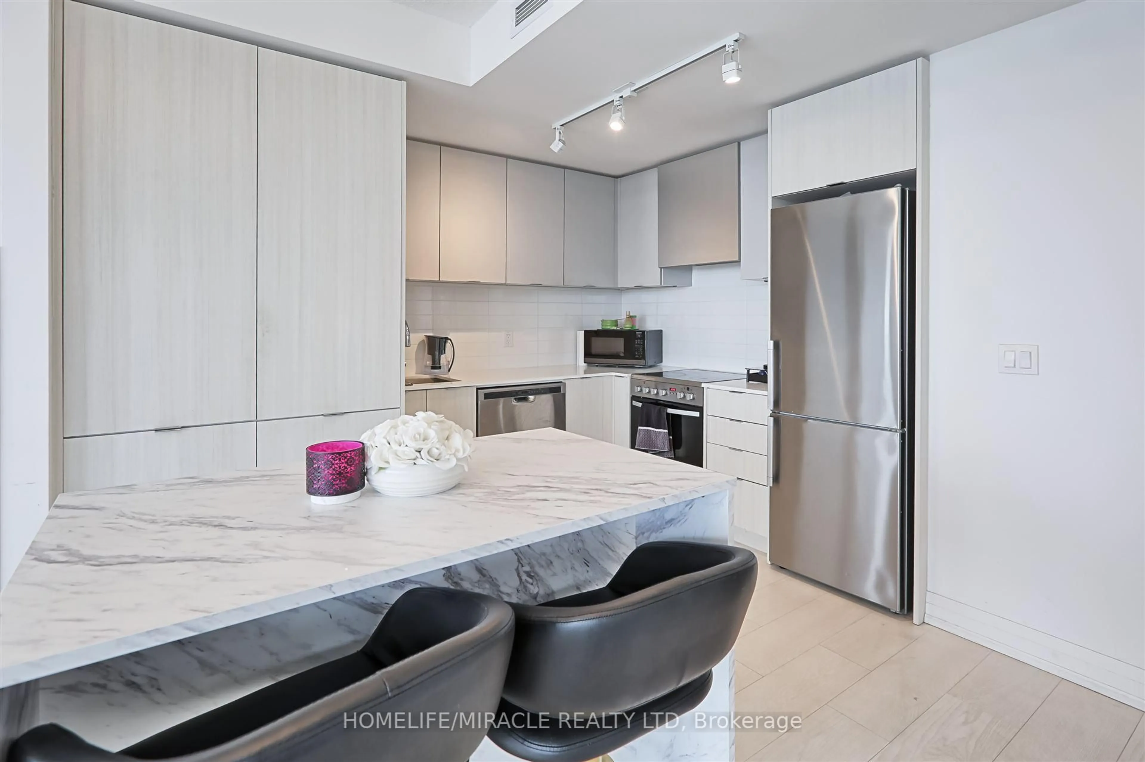 Contemporary kitchen, ceramic/tile floor for 30 Gibbs Rd #3208, Toronto Ontario M9B 6L6