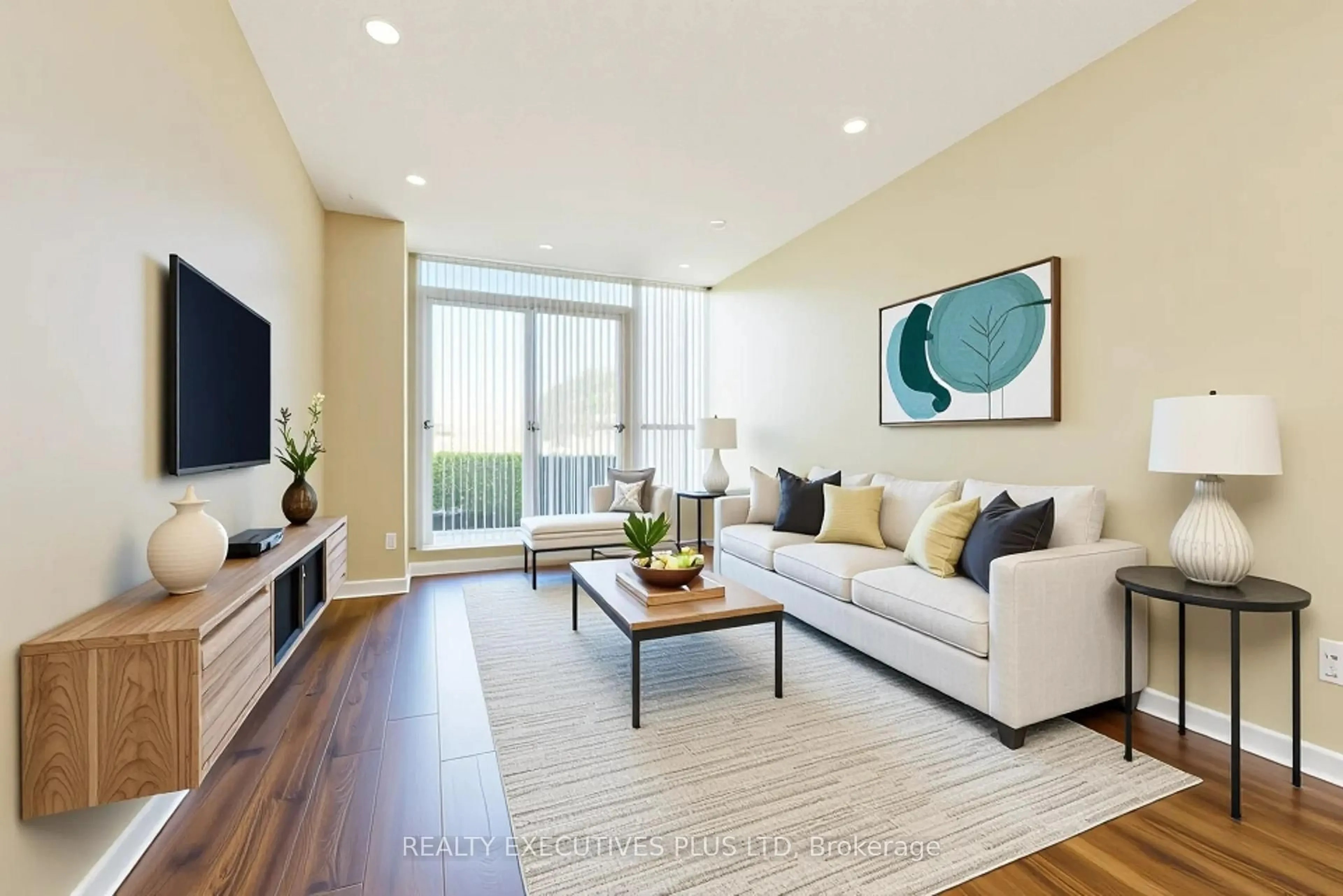Living room with furniture, wood/laminate floor for 4879 Kimbermount Ave #110, Mississauga Ontario L5M 7K8