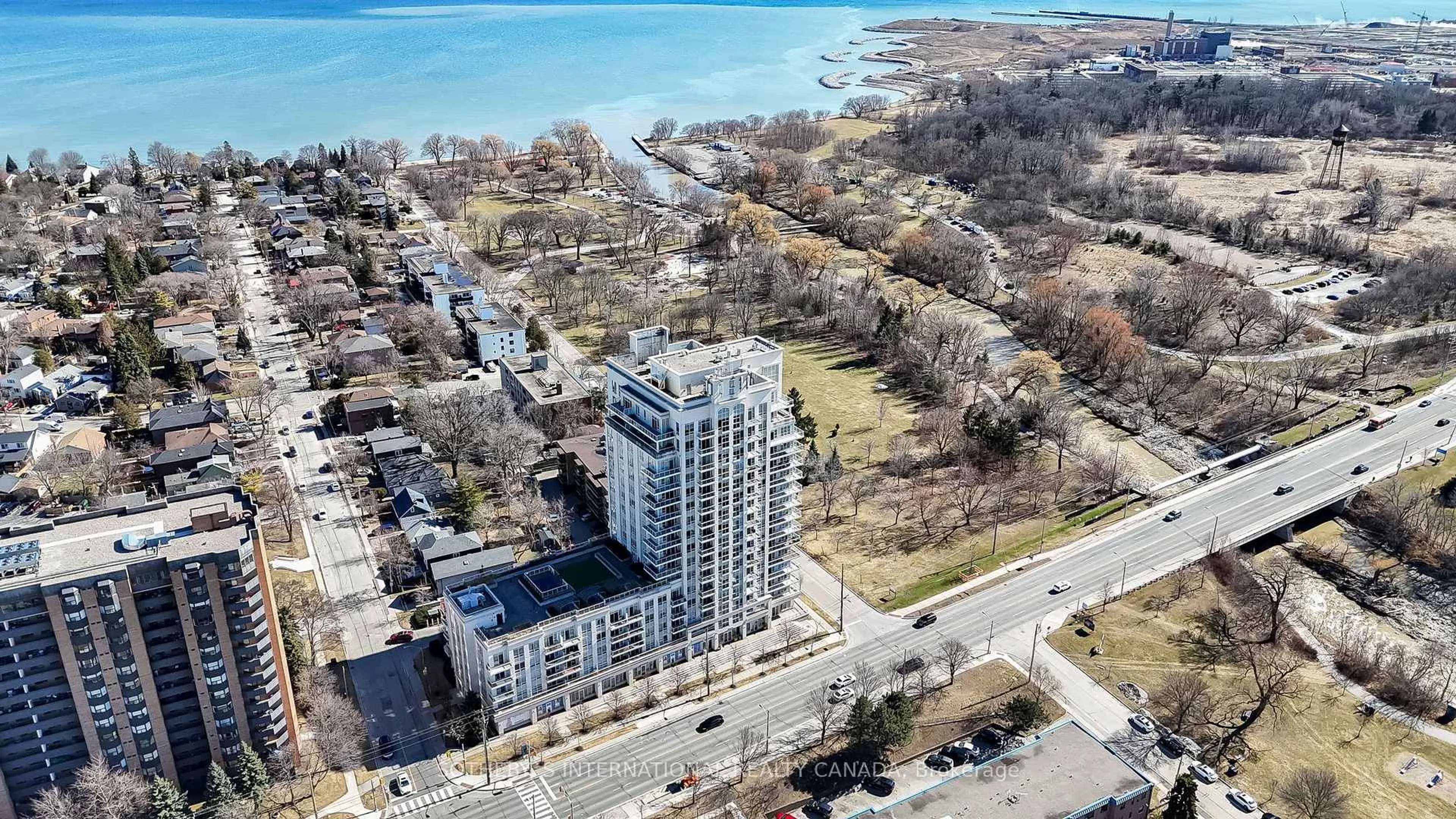 A pic from outside/outdoor area/front of a property/back of a property/a pic from drone, water/lake/river/ocean view for 3865 Lake Shore Blvd #520, Toronto Ontario M8W 0A2