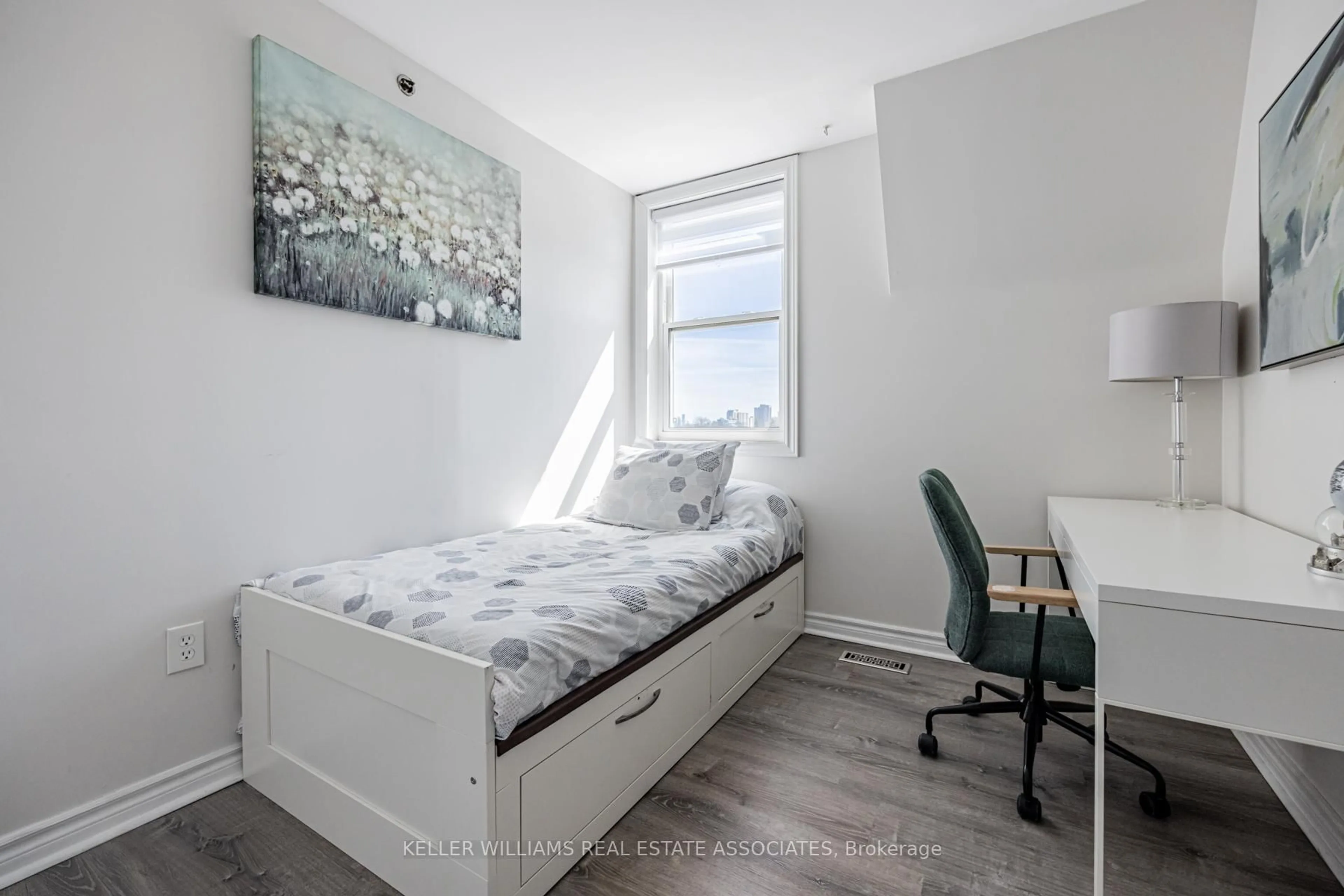 Bedroom with bed, wood/laminate floor for 760 Lawrence Ave #15, Toronto Ontario M6A 3E7