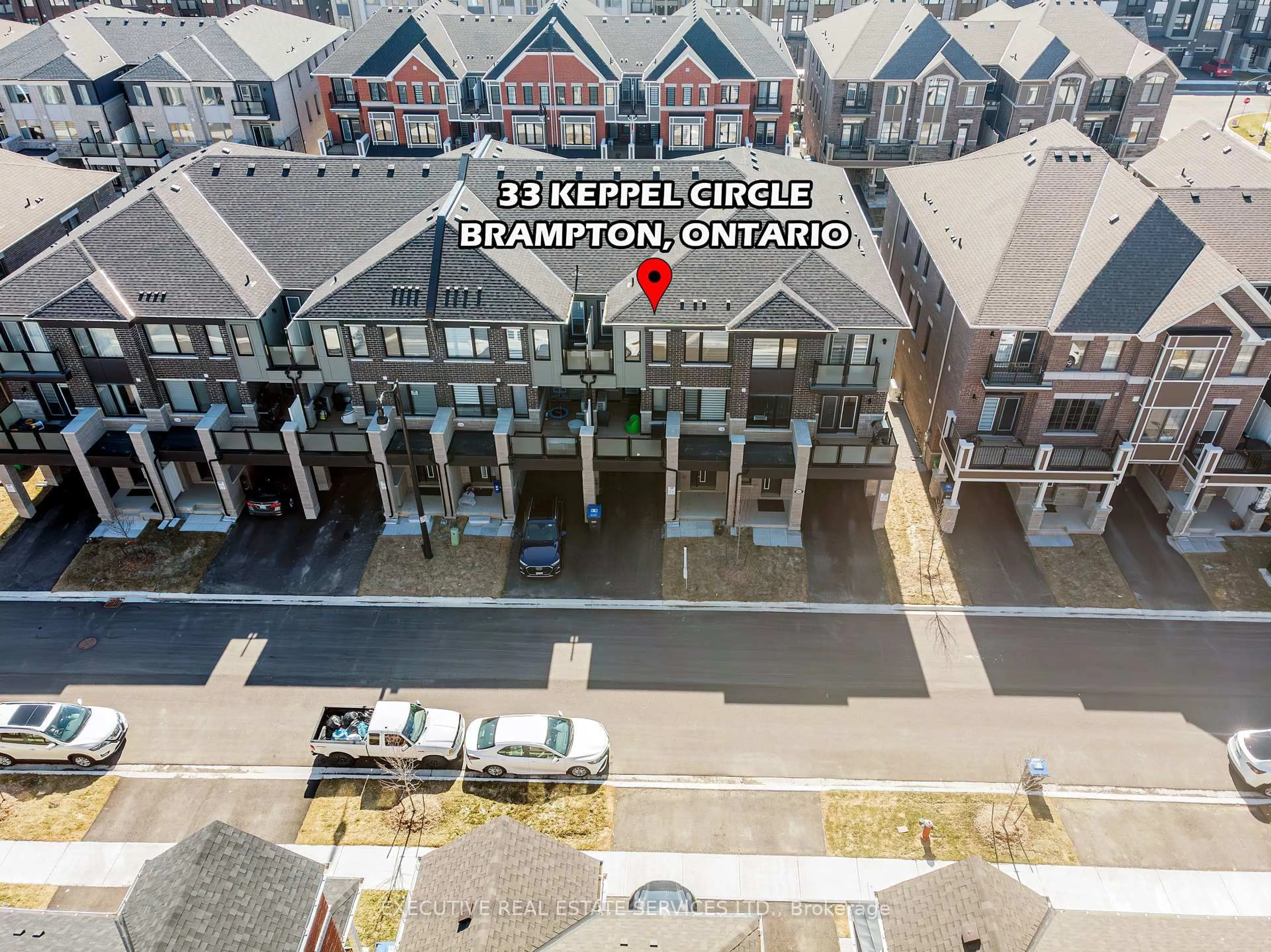 A pic from outside/outdoor area/front of a property/back of a property/a pic from drone, city buildings view from balcony for 33 Keppel Circ, Brampton Ontario L7A 5K6