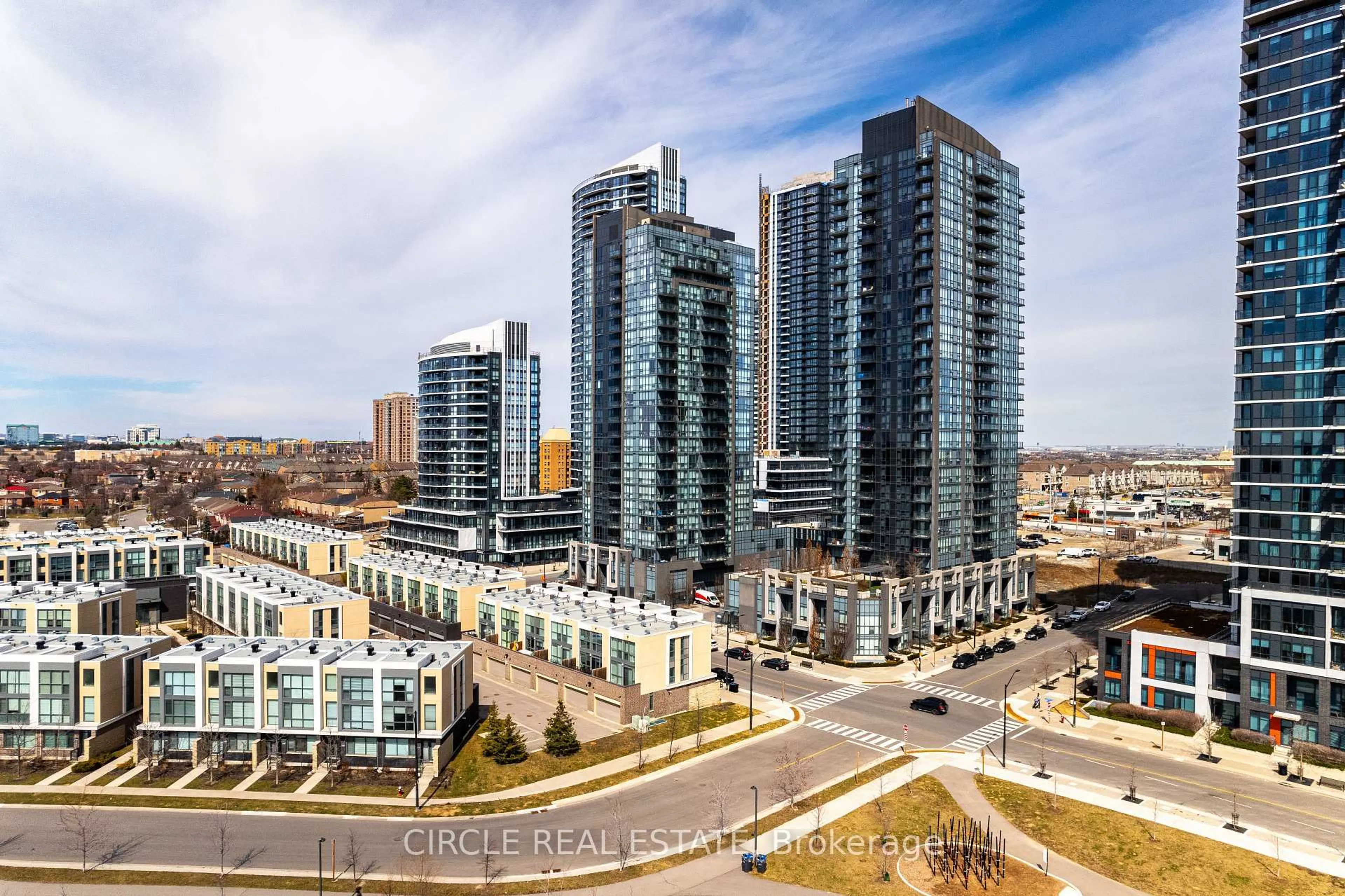 A pic from outside/outdoor area/front of a property/back of a property/a pic from drone, city buildings view from balcony for 5033 Four Springs Ave #124, Mississauga Ontario L5R 0G6
