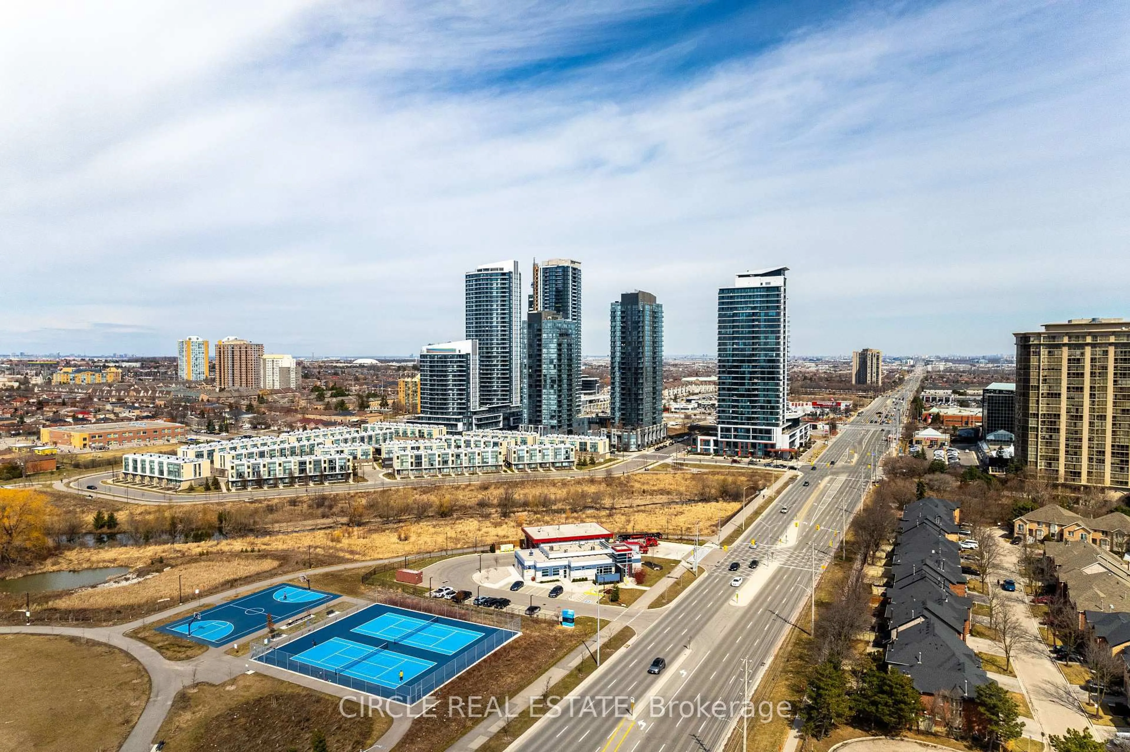 A pic from outside/outdoor area/front of a property/back of a property/a pic from drone, city buildings view from balcony for 5033 Four Springs Ave #124, Mississauga Ontario L5R 0G6