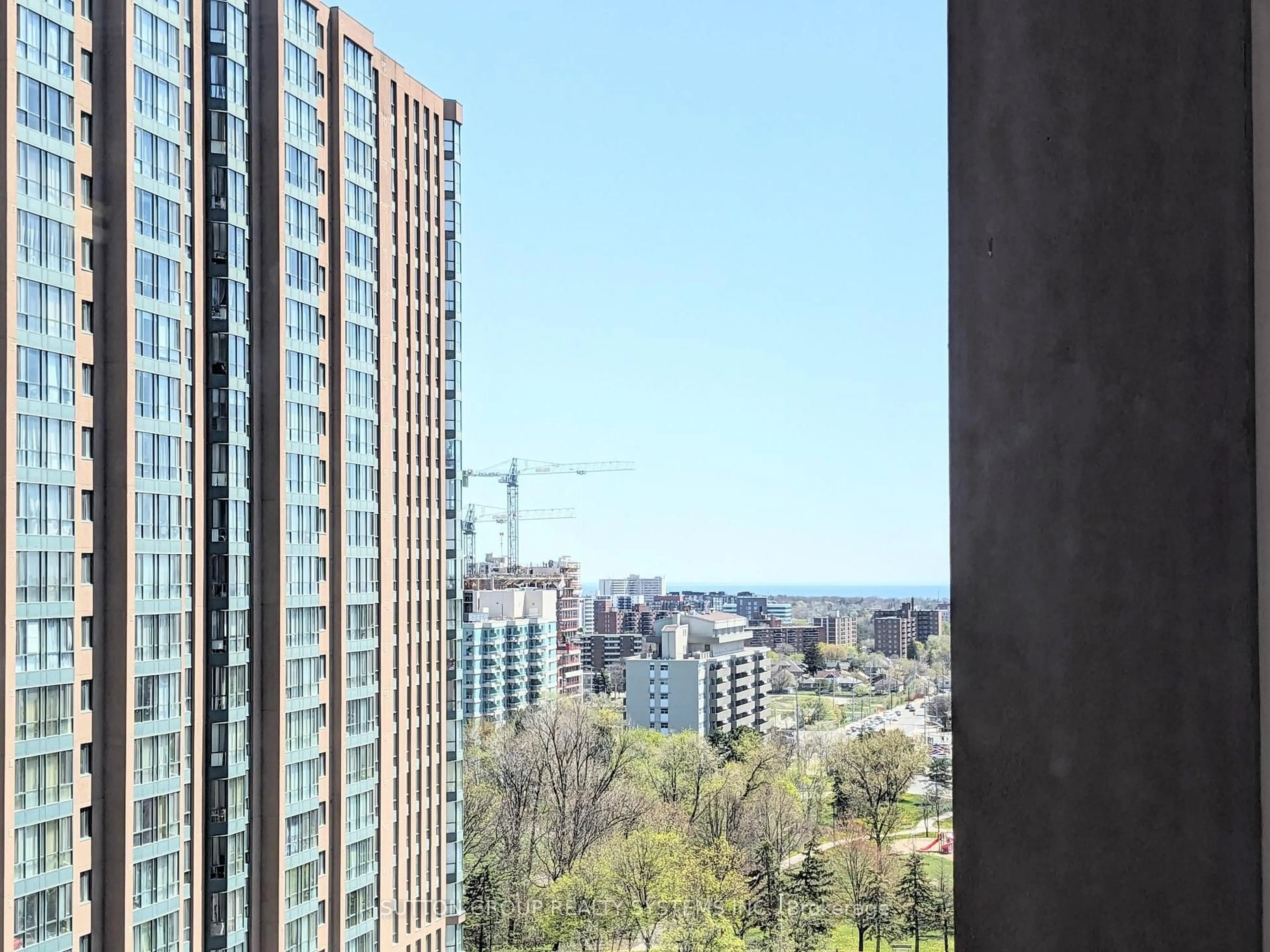 Balcony in the apartment, city buildings view from balcony for 155 Hillcrest Ave #1112, Mississauga Ontario L5B 3Z2