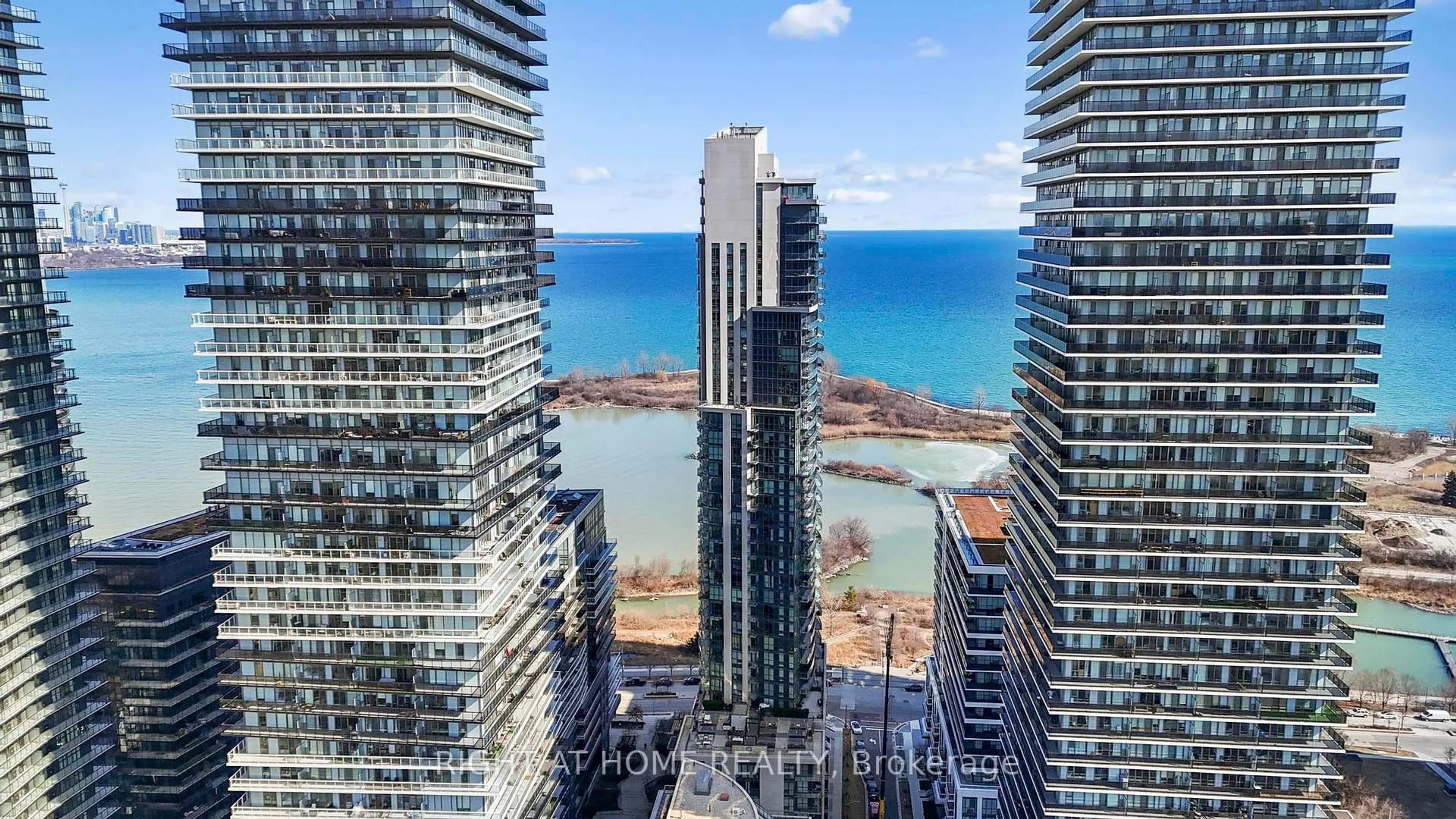 A pic from outside/outdoor area/front of a property/back of a property/a pic from drone, city buildings view from balcony for 59 Annie Craig Dr #715, Toronto Ontario M8V 0C4