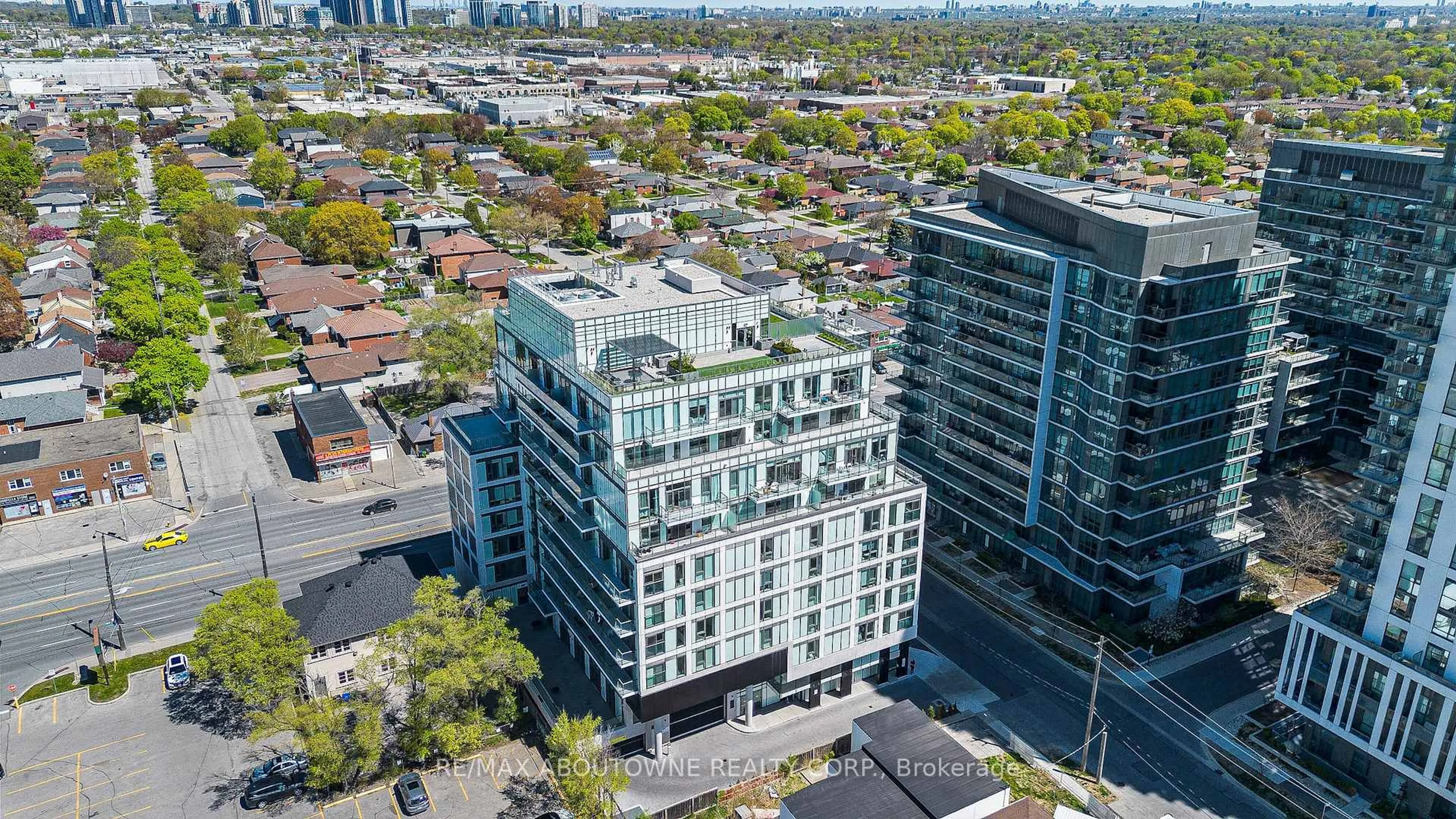 A pic from outside/outdoor area/front of a property/back of a property/a pic from drone, city buildings view from balcony for 1195 The Queensway Ave #PH1007, Toronto Ontario M8Z 0H1
