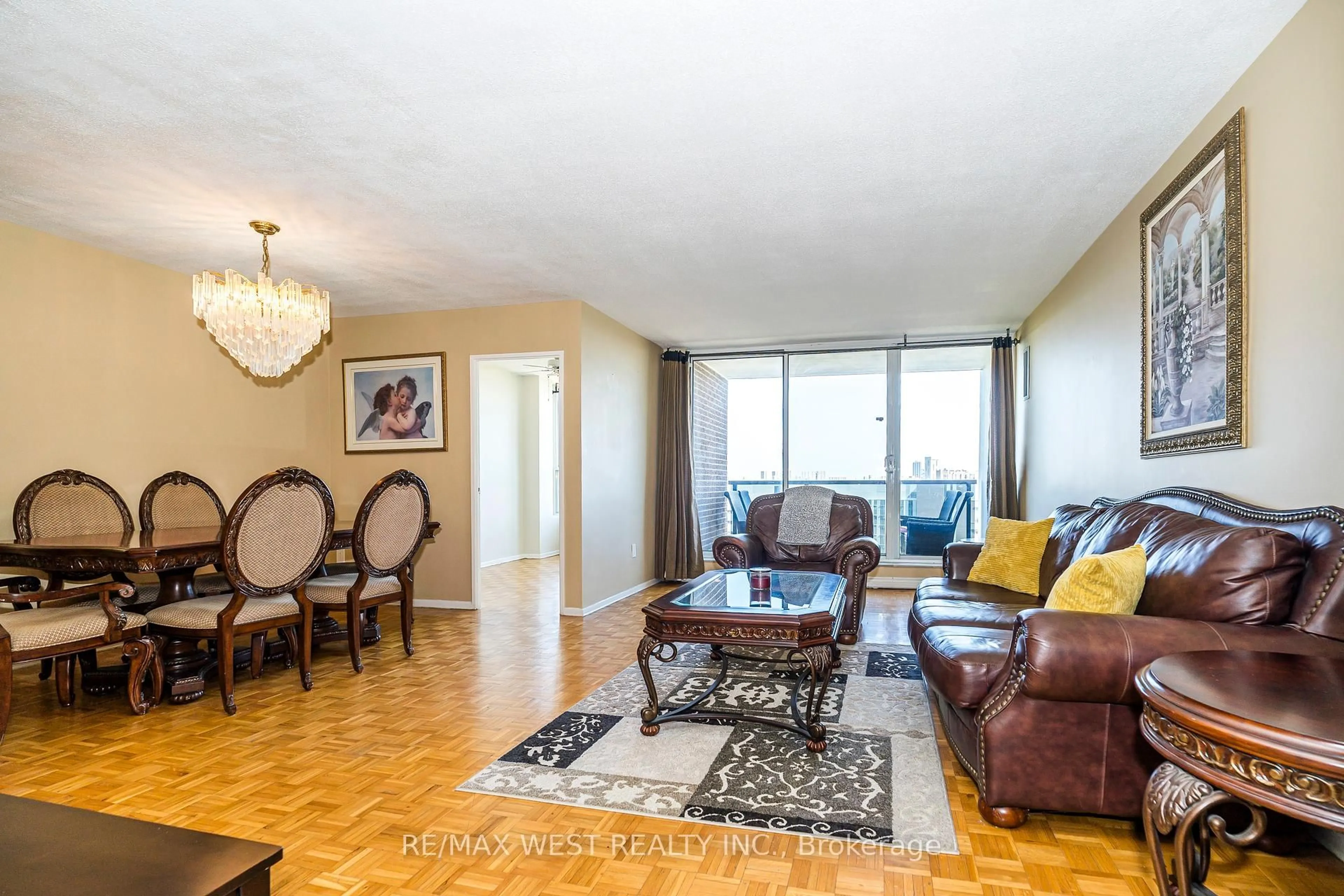 Living room with furniture, wood/laminate floor for 85 Emmett Ave #1908, Toronto Ontario M6M 5A2