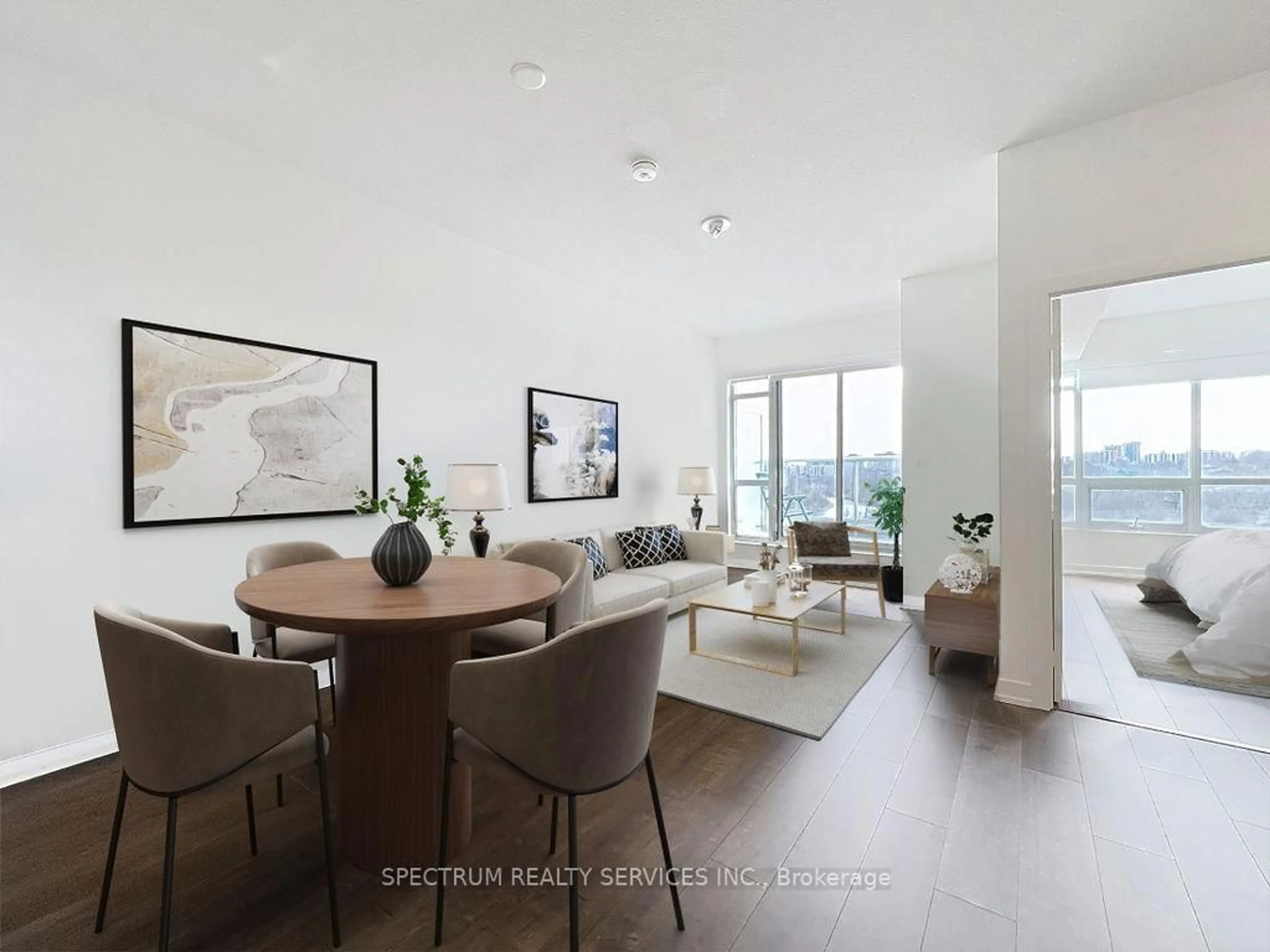 Living room with furniture, wood/laminate floor for 10 Wilby Cres #609, Toronto Ontario M9N 0B6