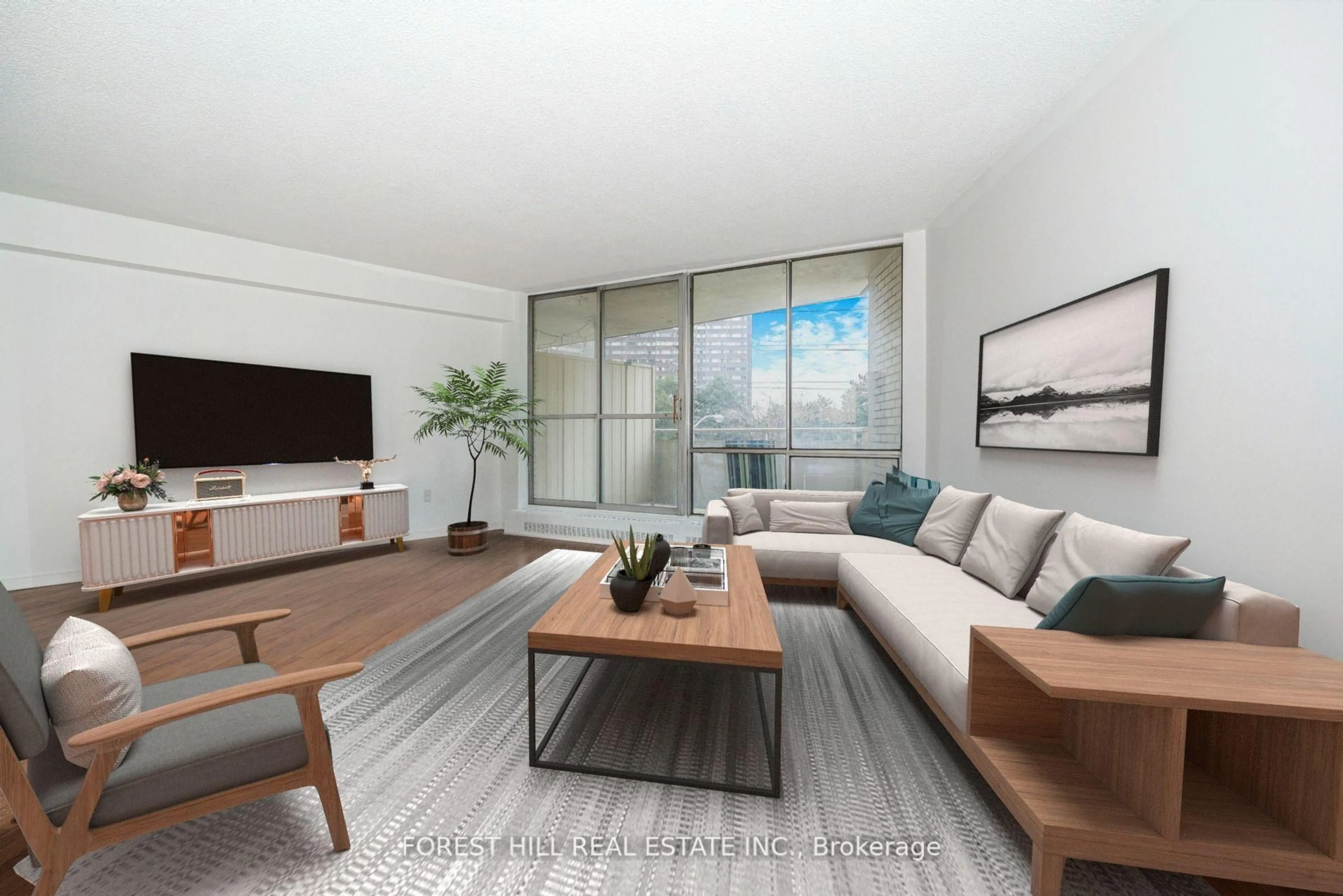 Living room with furniture, wood/laminate floor for 330 Dixon Rd #207, Toronto Ontario M9R 1S9