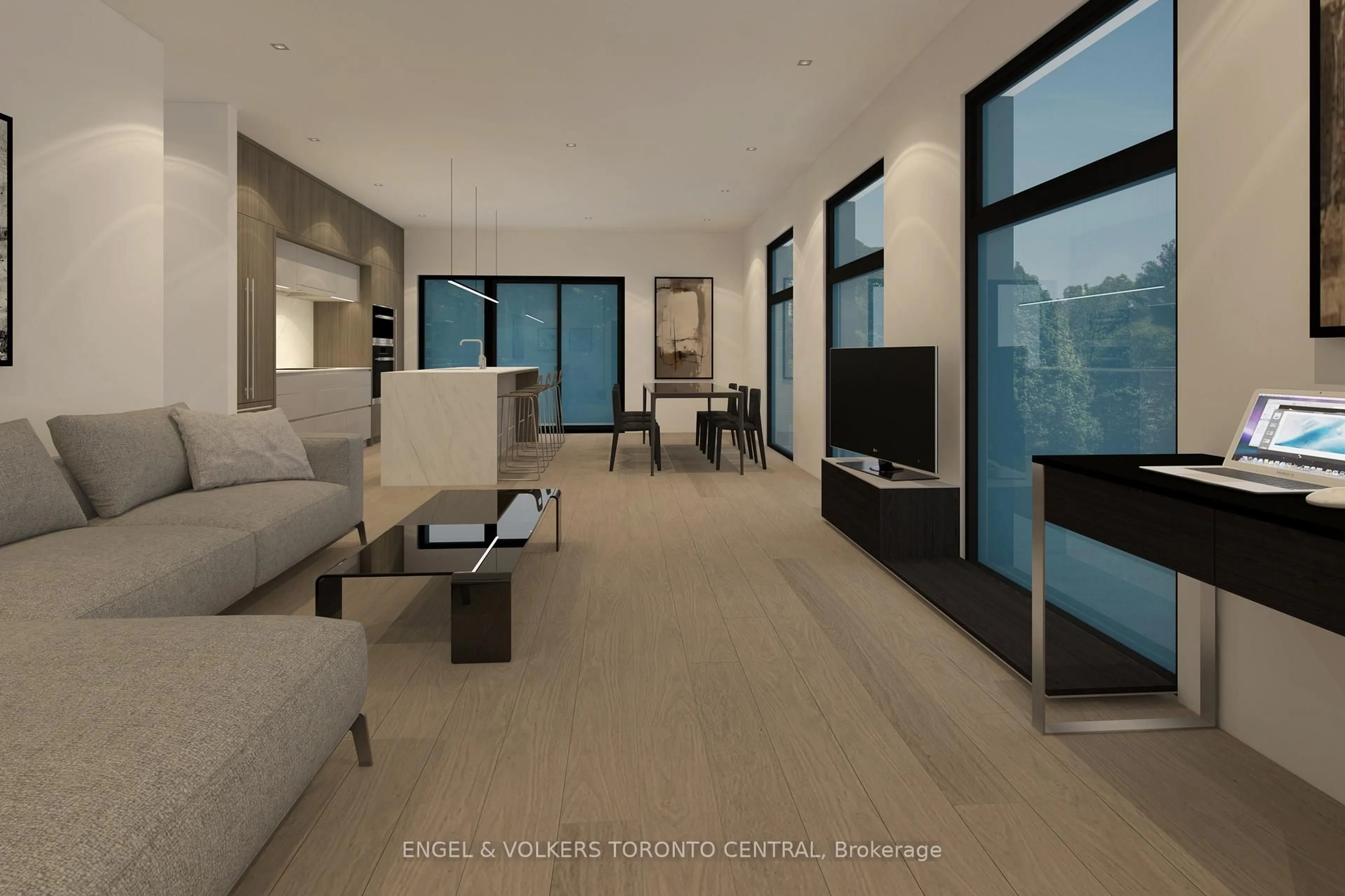 Living room with furniture, cement floor for 276 Lanor Ave, Toronto Ontario M8W 2P9