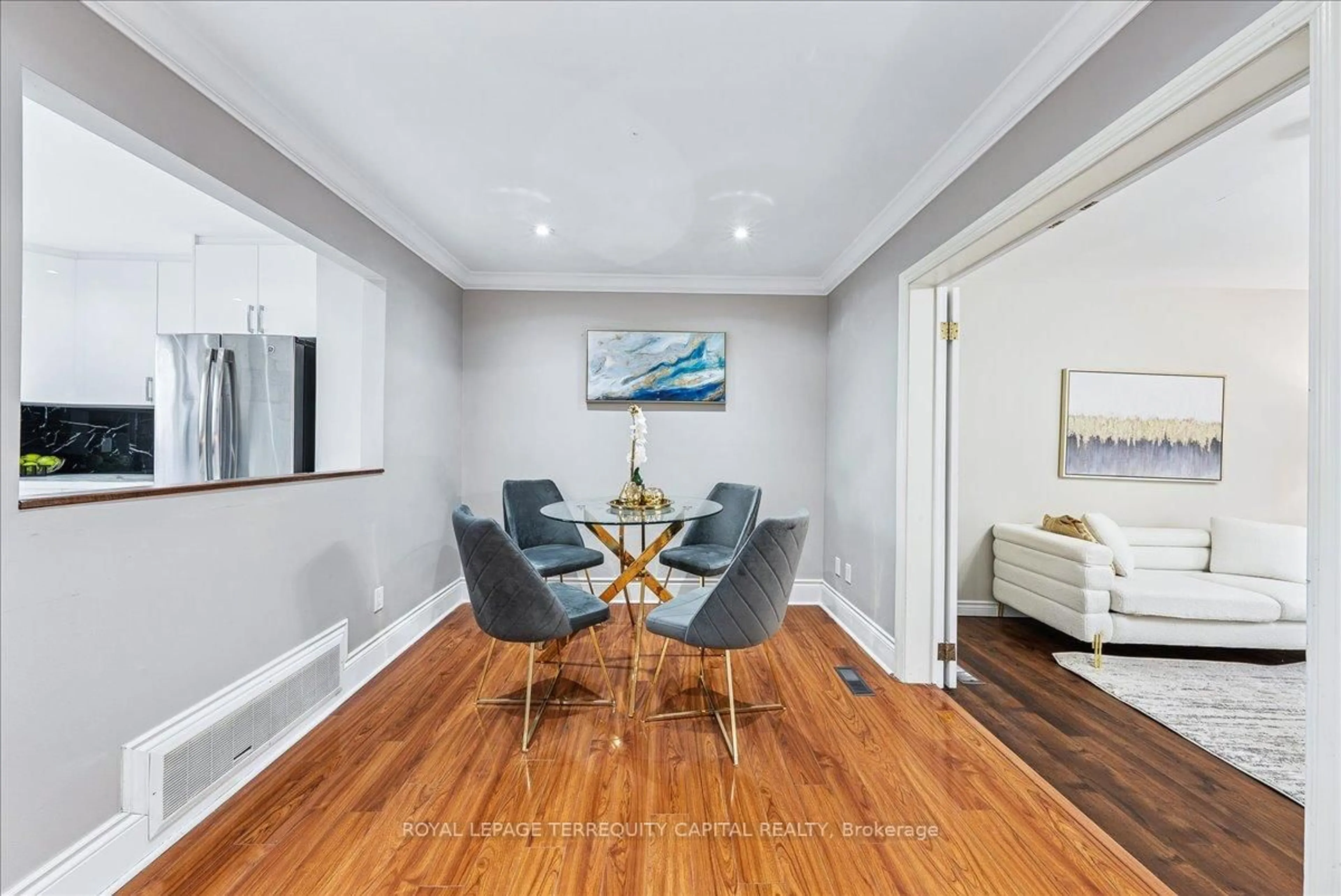 Dining room, wood/laminate floor for 4 Downey Dr, Caledon Ontario L7E 2C2