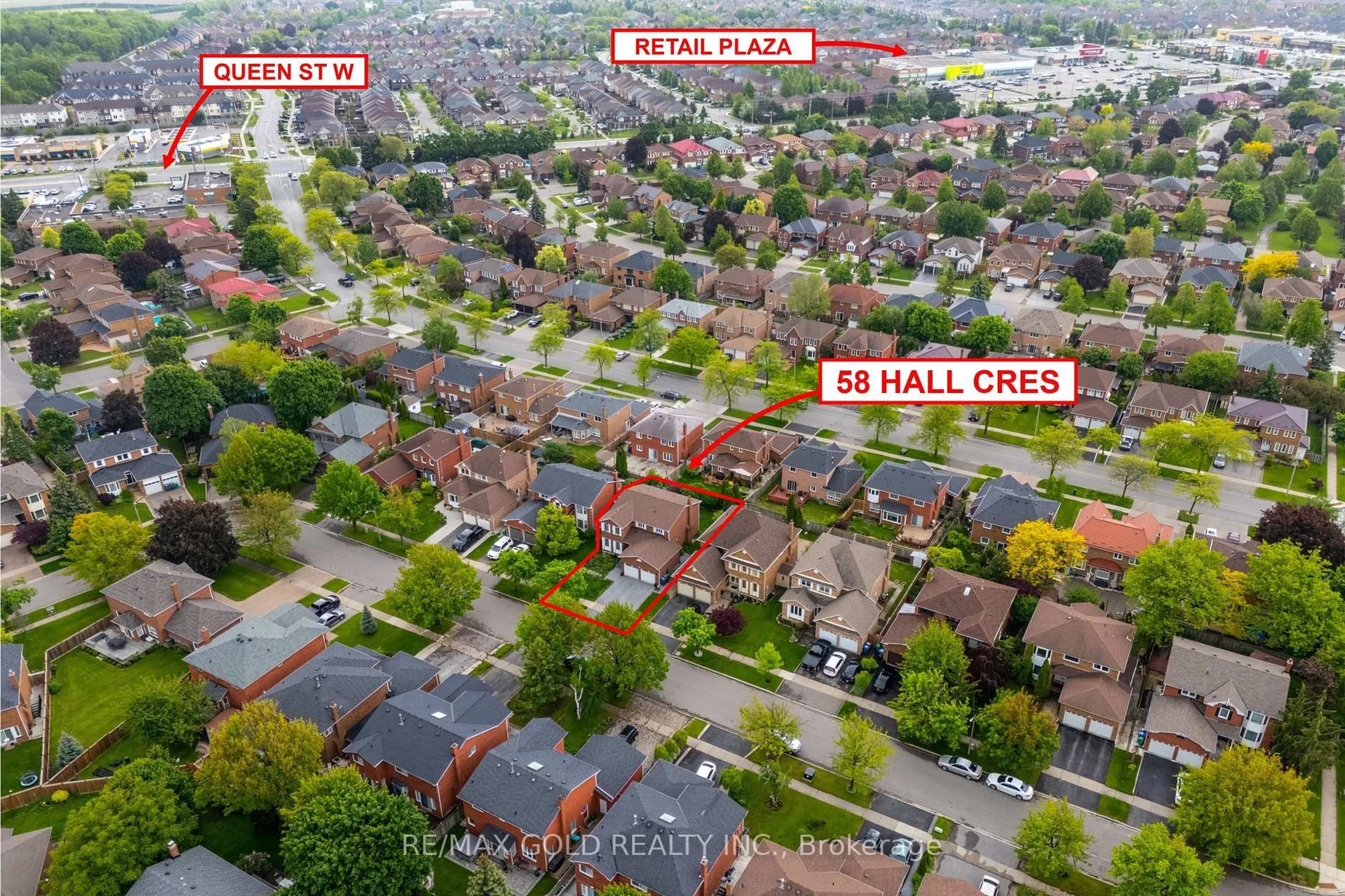 A pic from outside/outdoor area/front of a property/back of a property/a pic from drone, street for 58 Hall Cres, Brampton Ontario L6X 3J5